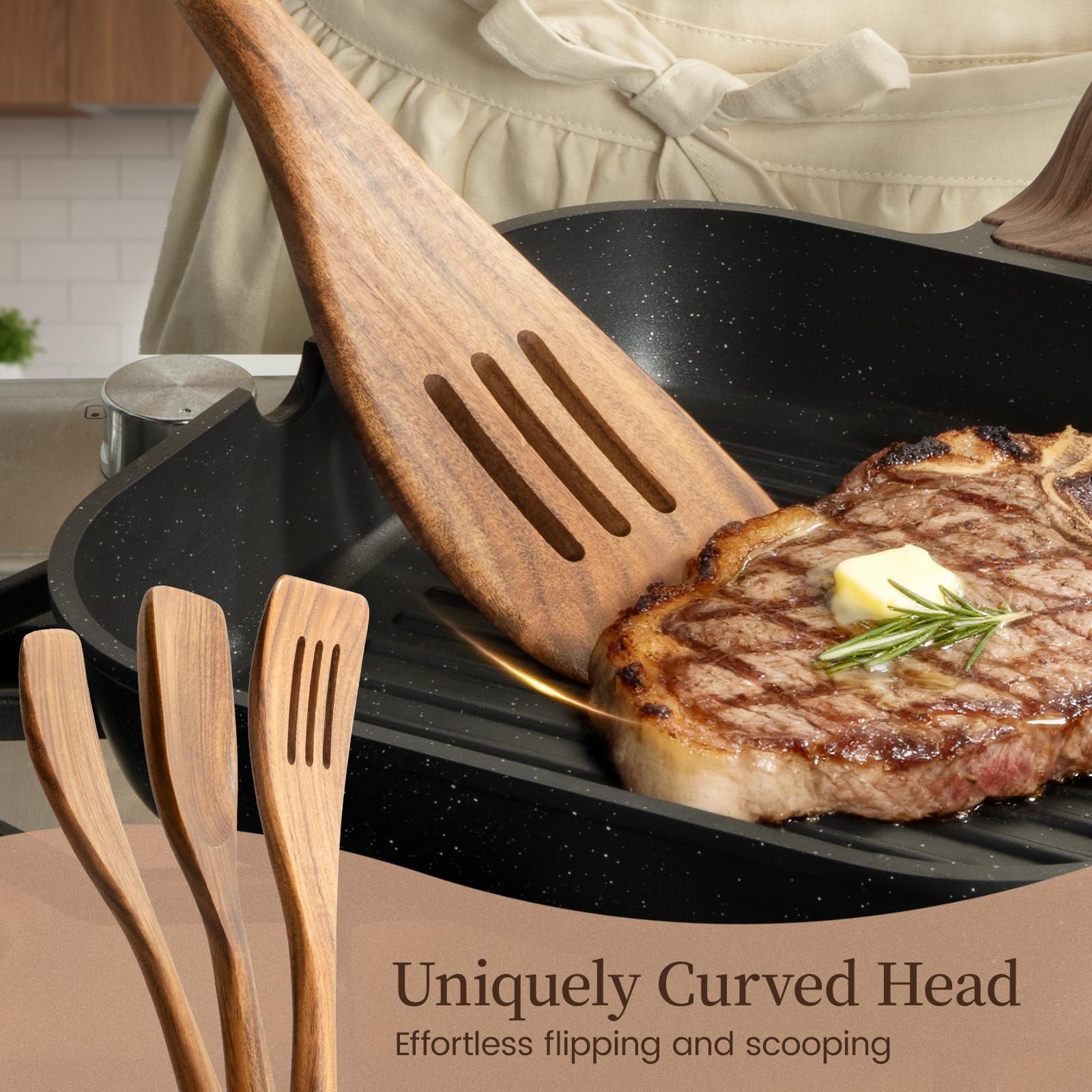 Kikcoin teak slotted turner protects pans while turning food