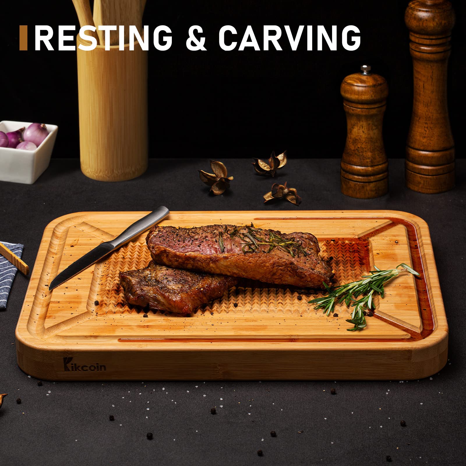 Kikcoin carving board with pyramid spikes secures meat for precise slicing.