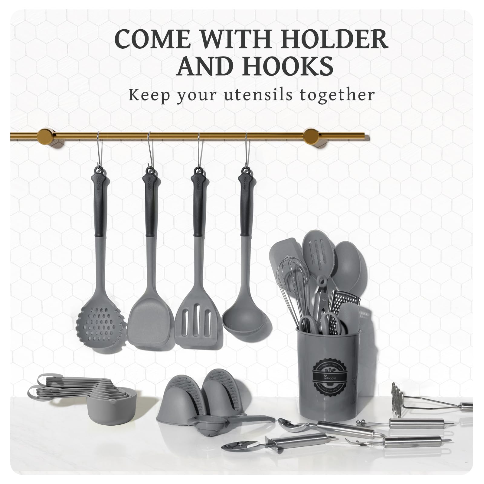 Kikcoin utensil holder with hooks and oven mitts for organized storage.