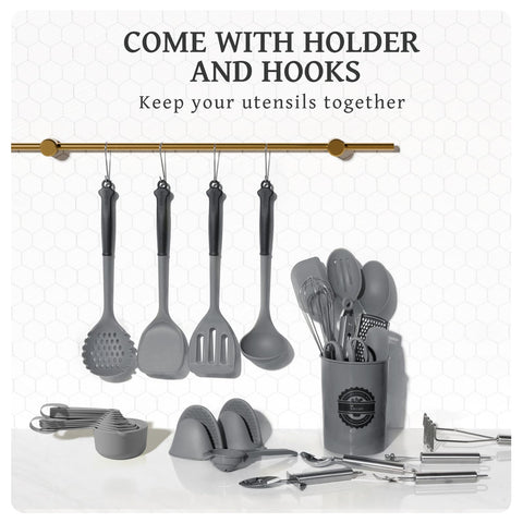 Kikcoin utensil holder with hooks and oven mitts for organized storage.