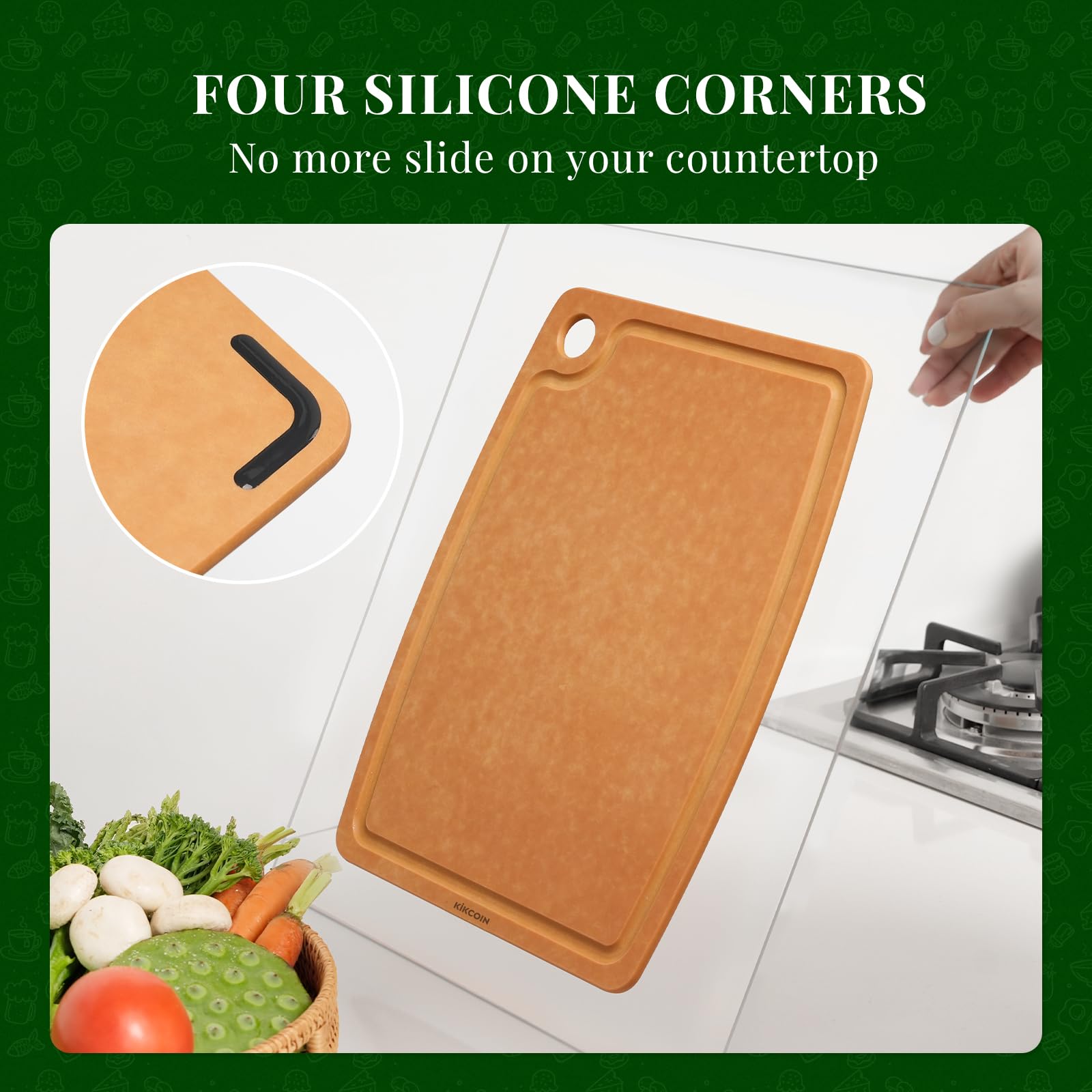 Kikcoin cutting board marked as dishwasher-safe for easy cleanup.
