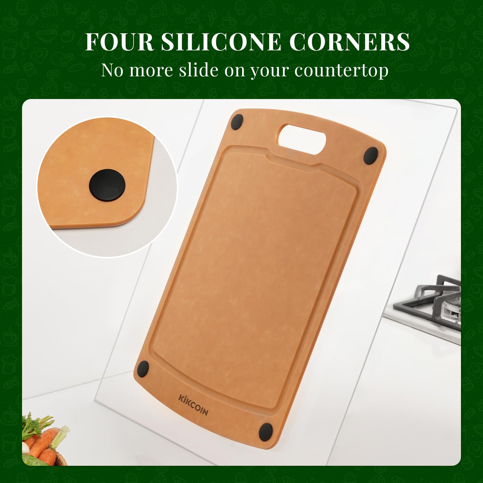 Kikcoin cutting board includes a convenient handle for easy transport.