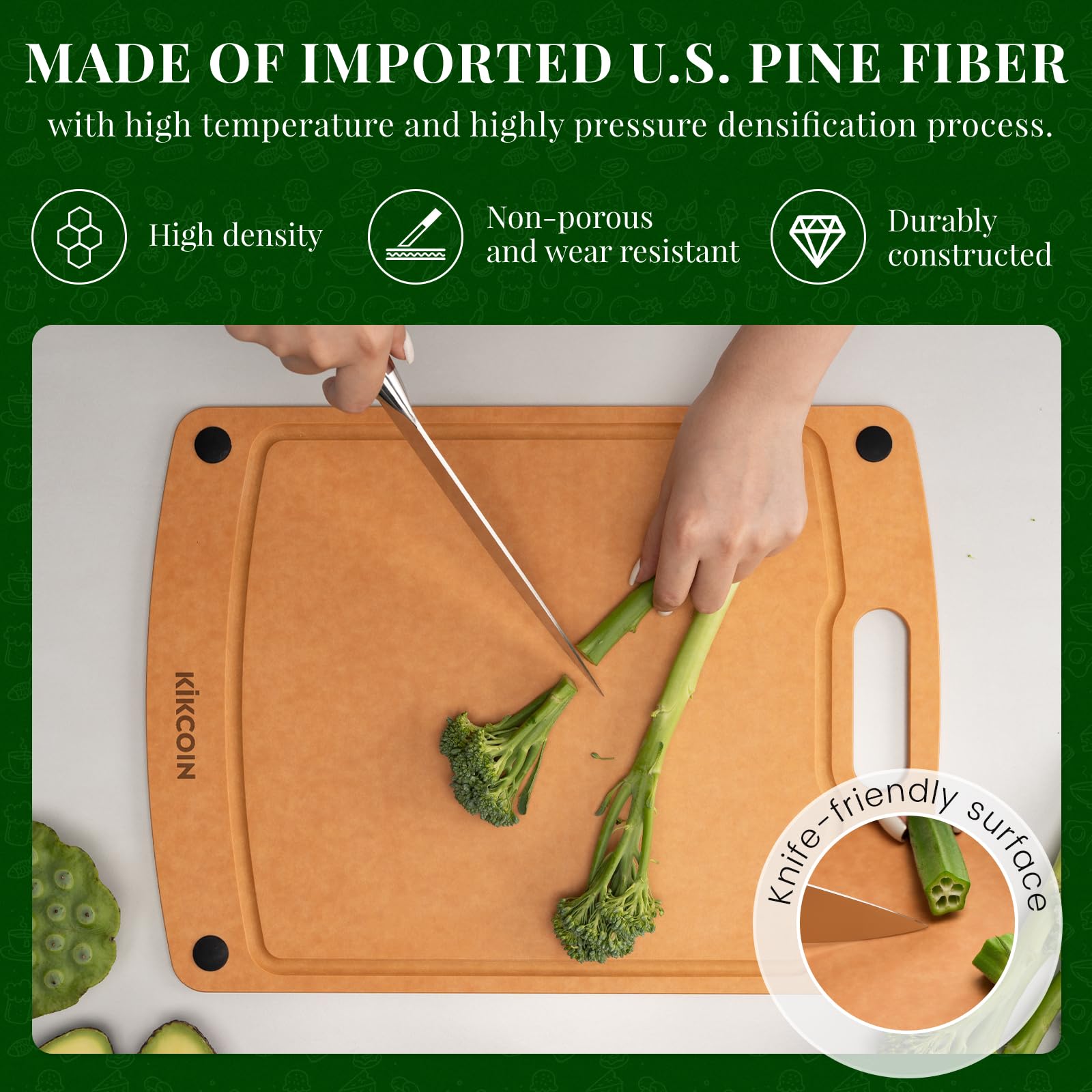 Kikcoin board featuring a deep juice groove to catch liquids.