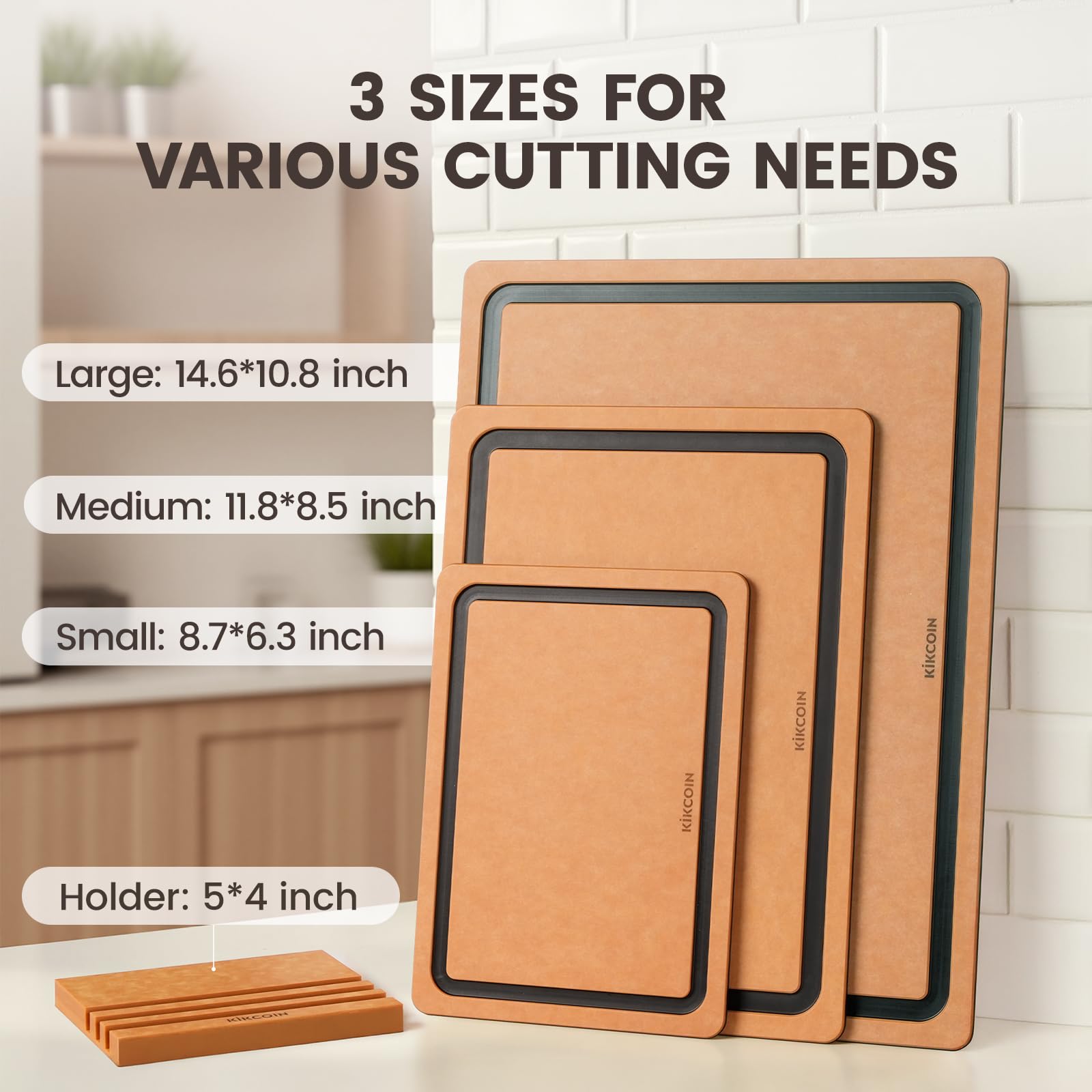 Kikcoin medium cutting board with smooth surface ideal for vegetables and fruits.