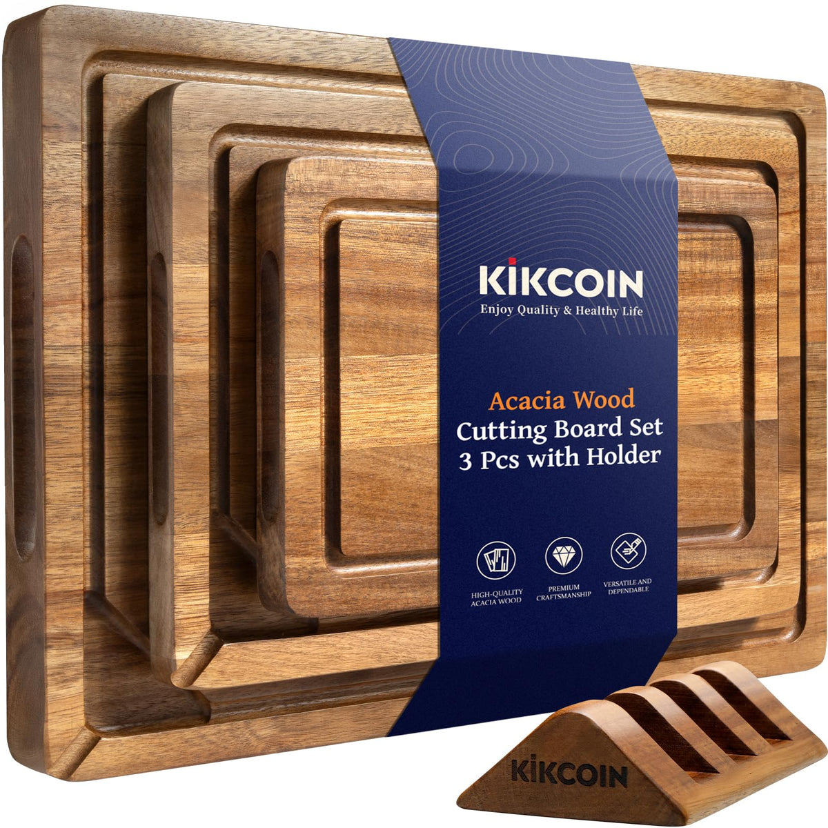 Kikcoin wood cutting board set in acacia with built-in handle for everyday prep.