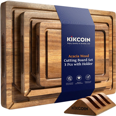 Kikcoin wood cutting board set in acacia with built-in handle for everyday prep.