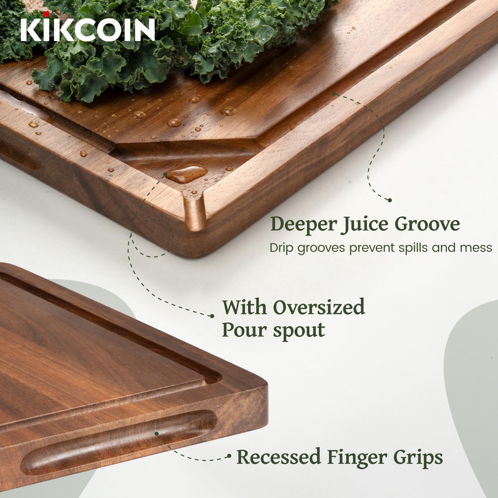 Kikcoin medium acacia cutting board highlights grain and knife-friendly surface.