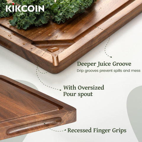 Kikcoin medium acacia cutting board highlights grain and knife-friendly surface.