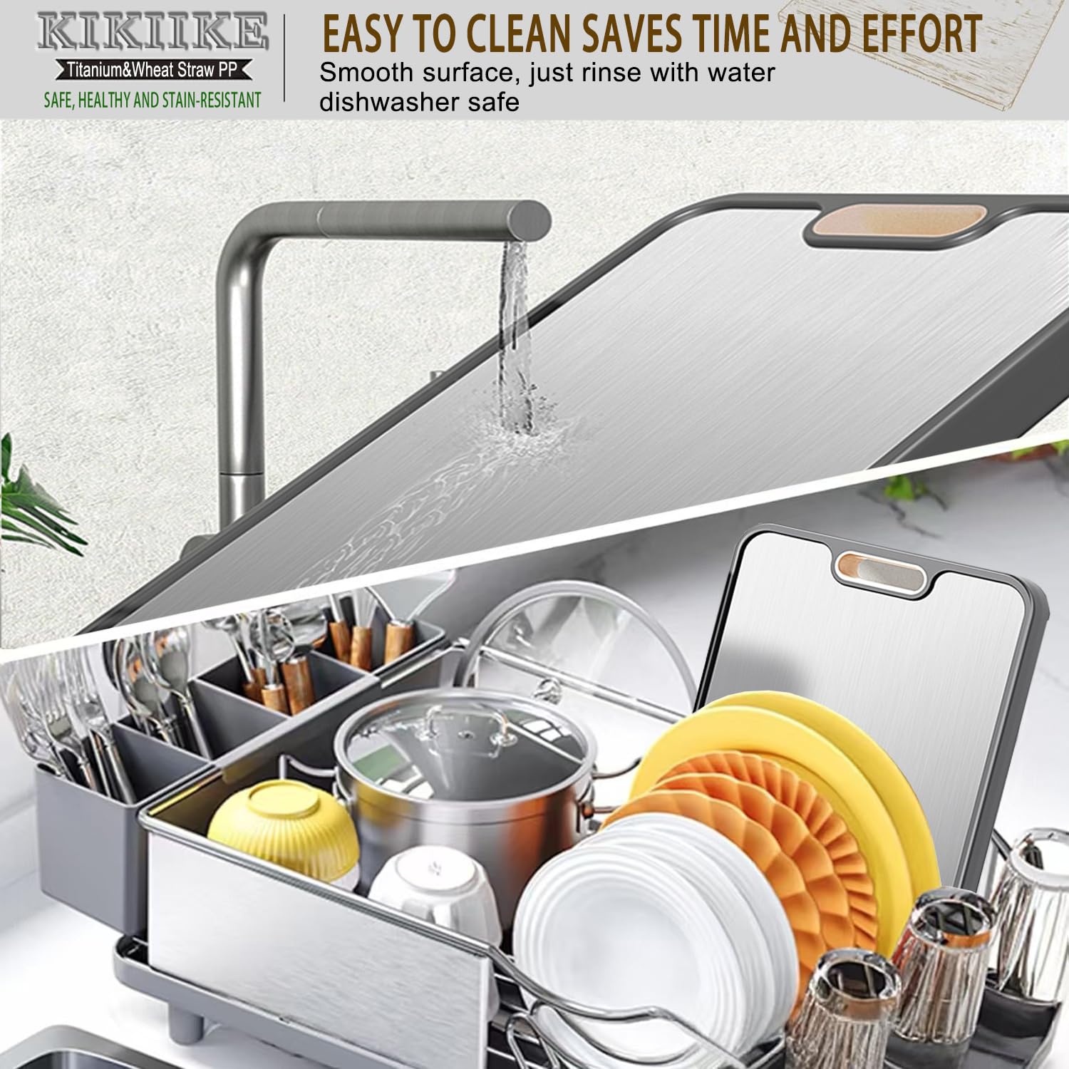 KIKIIKE titanium cutting board with pureshield scratch resistance on the titanium side.