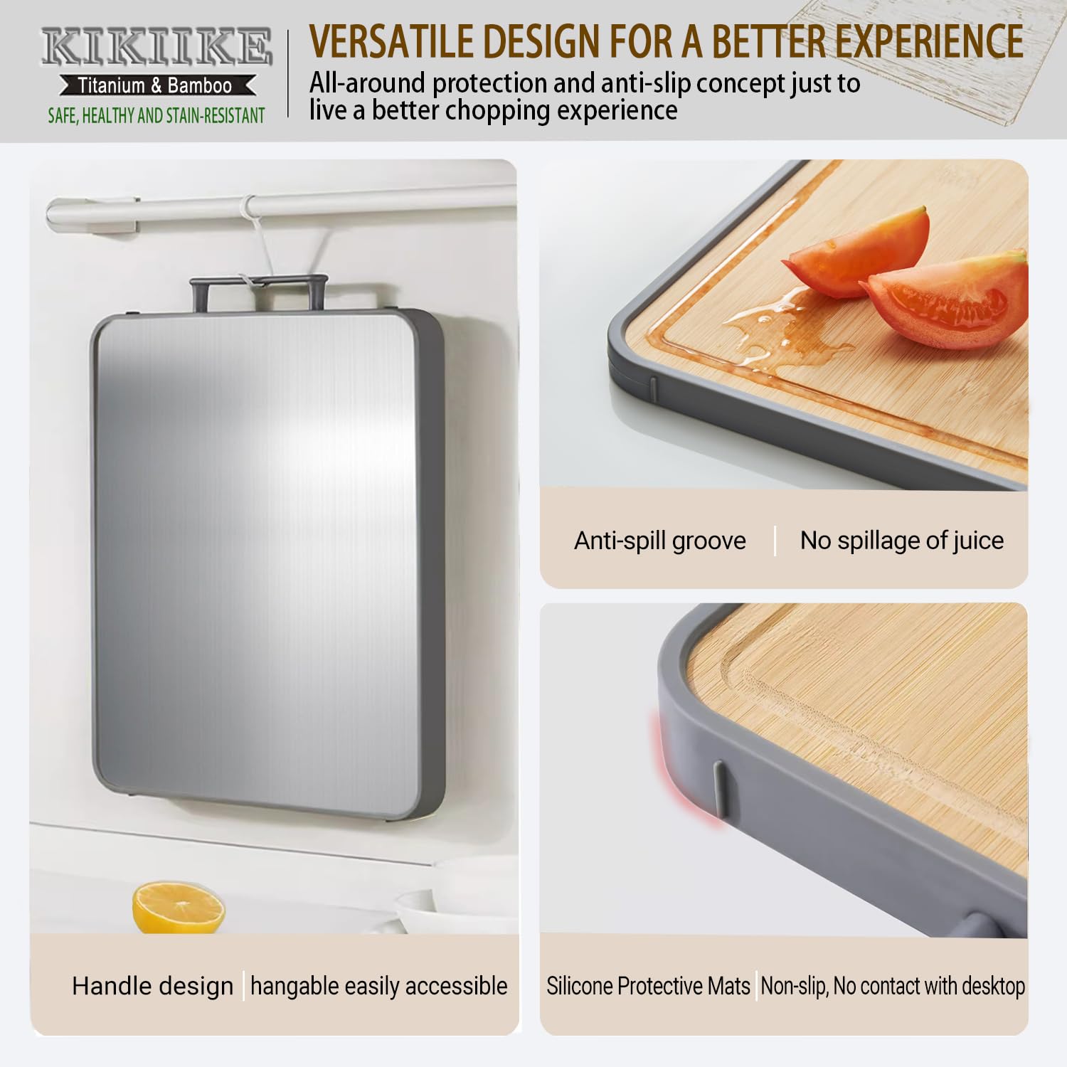 KIKIIKE cutting-board-handle-silicone-wrap ensures secure grip during use.