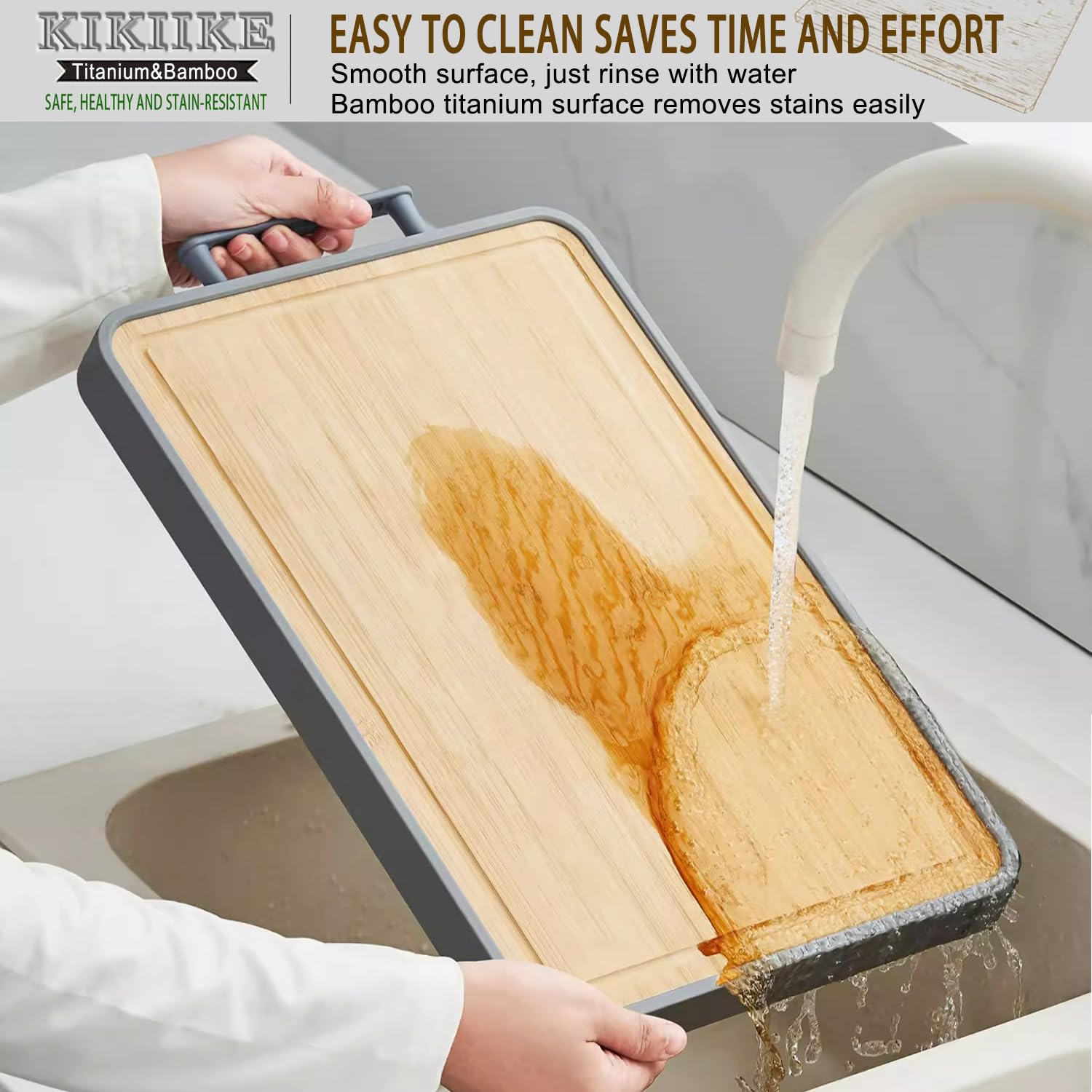 KIKIIKE juice-grooves-stain-resistance helps manage juices on two-faced surface.
