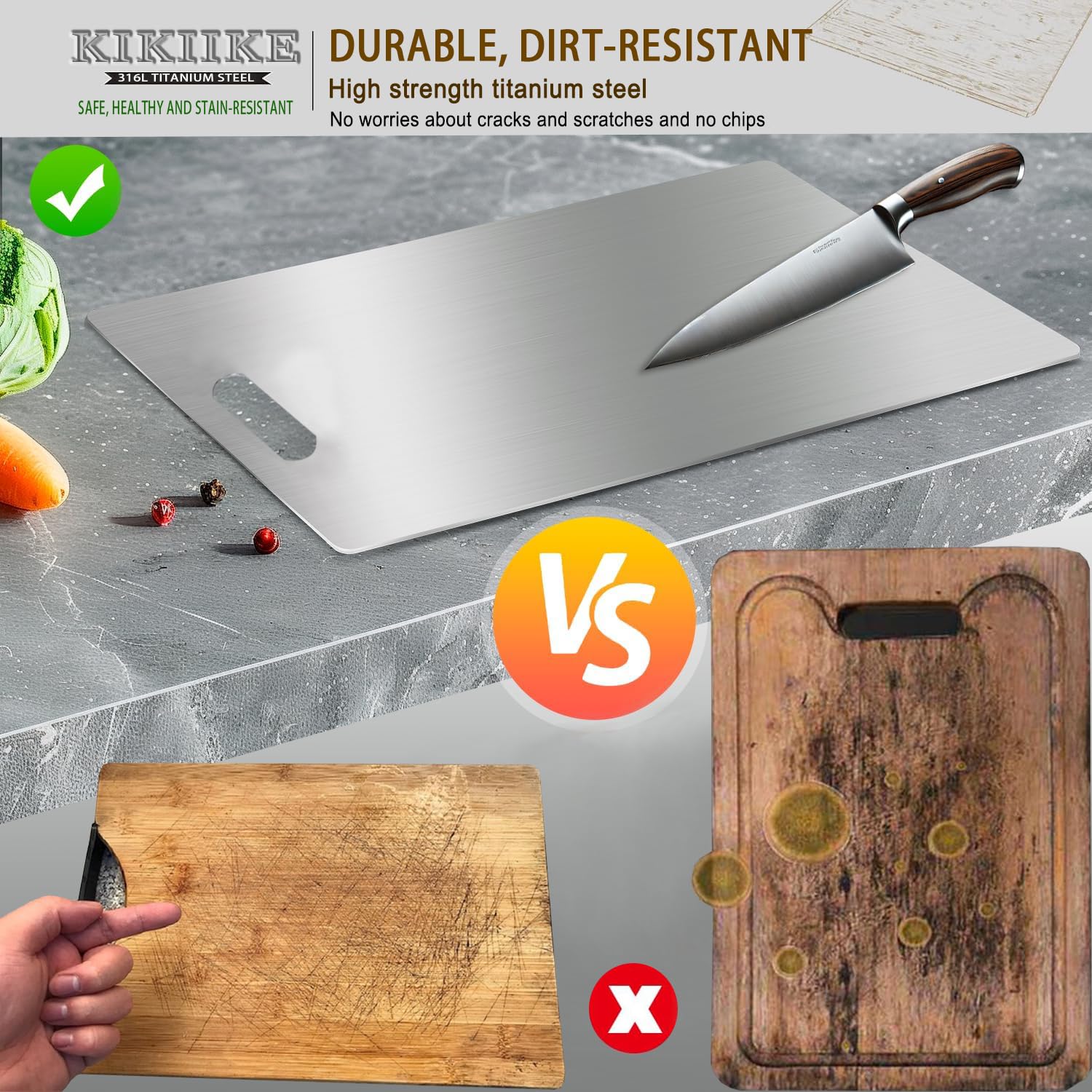 KIKIIKE titanium cutting board, dishwasher-safe, easy cleaning.