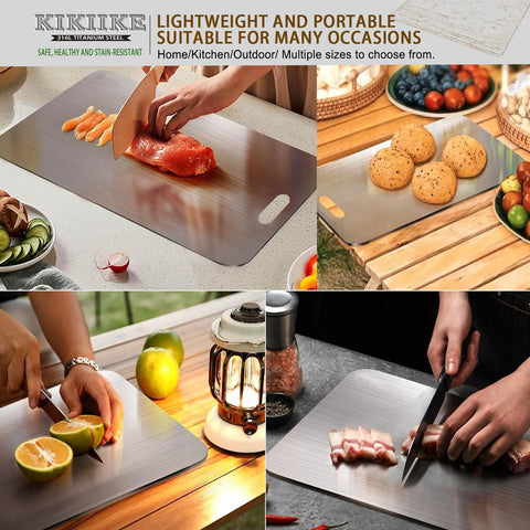 KIKIIKE titanium cutting board, side view, stable and versatile.