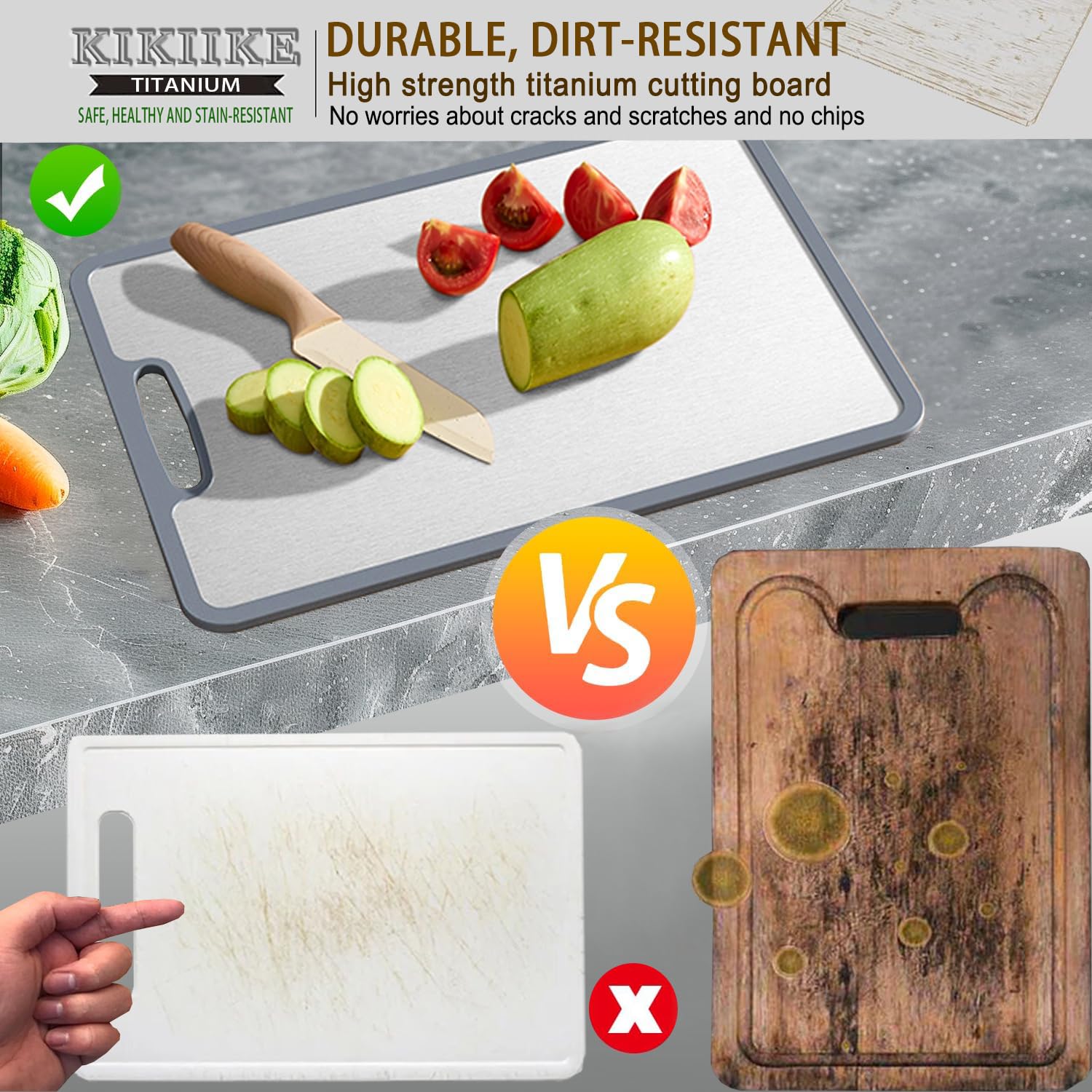 KIKIIKE titanium cutting board silicone-edged stays stable and protects countertops during heavy use.