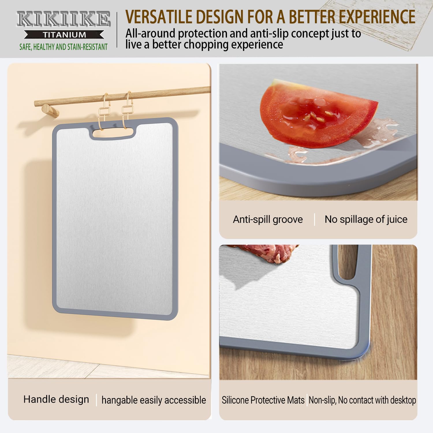 KIKIIKE titanium cutting board stain- and odor-resistant surface keeps meals looking fresh.