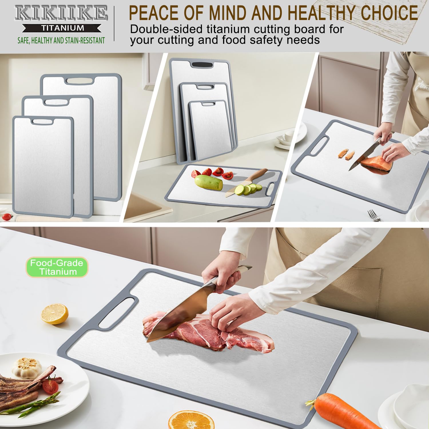KIKIIKE titanium cutting board three-sizes design fits different kitchen tasks and spaces.