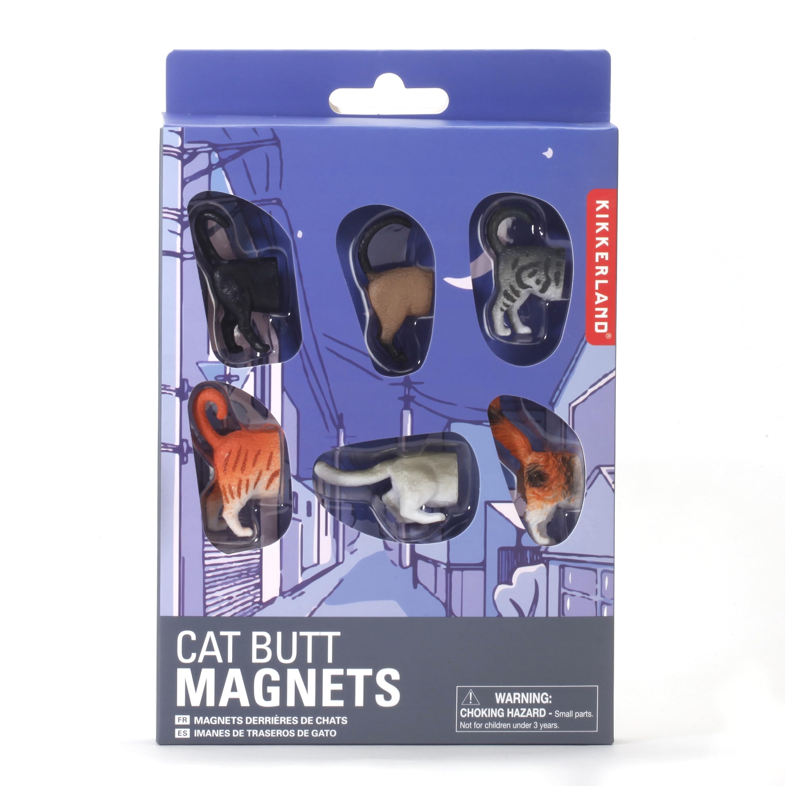 Kikkerland cat butt magnet detail on fridge, adds eye-catching whimsy to your kitchen surface.