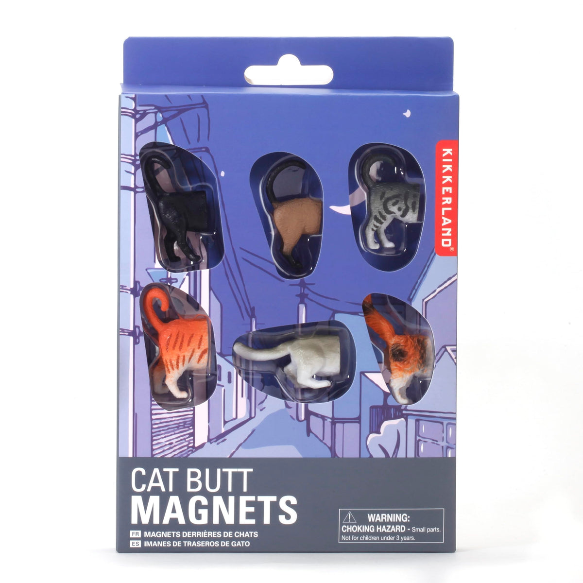 Kikkerland cat butt magnet detail on fridge, adds eye-catching whimsy to your kitchen surface.