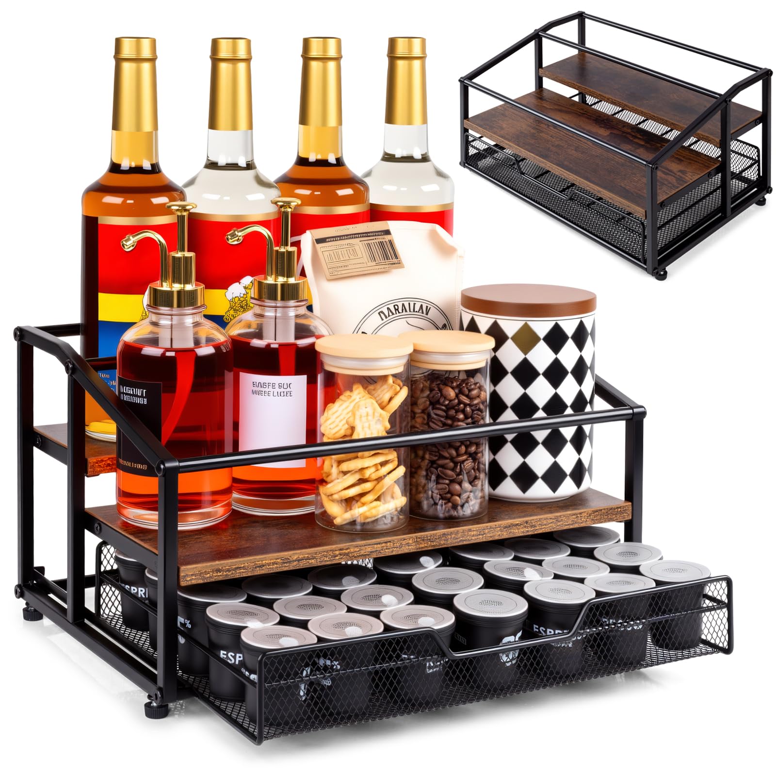 Kimilus three-tier rack front view organizes syrups and K-cups