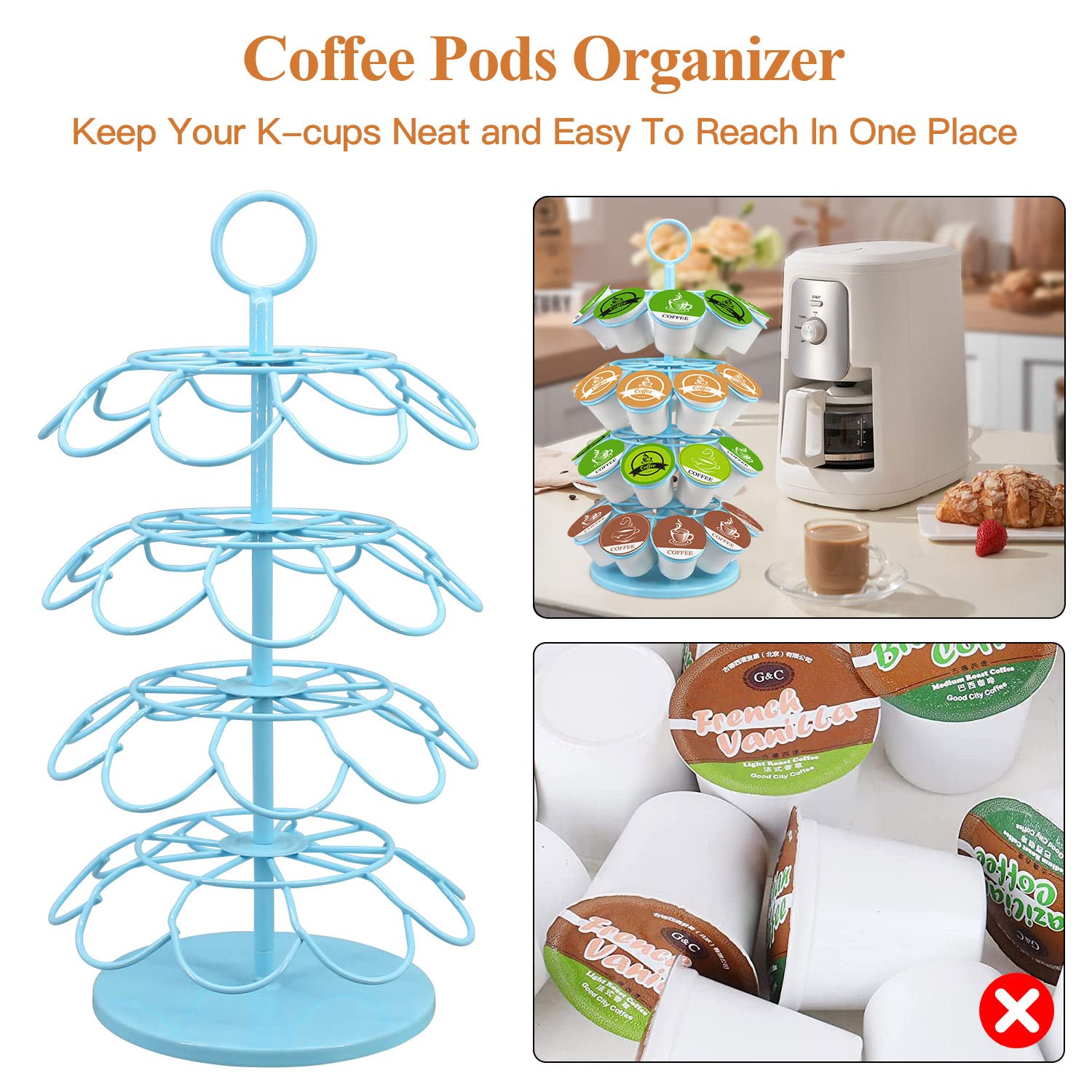 KIMIUP metal pod organizer on countertop keeps 36 K-Cups neatly organized.