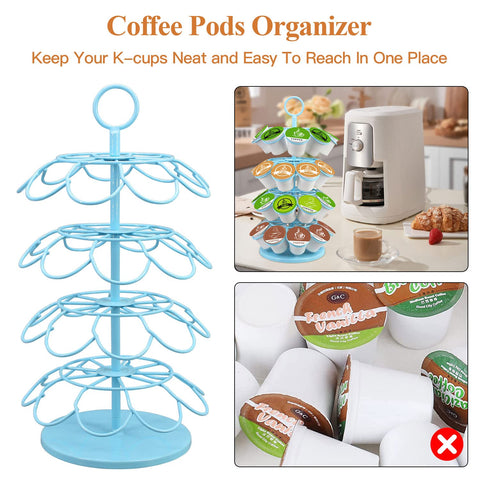 KIMIUP metal pod organizer on countertop keeps 36 K-Cups neatly organized.