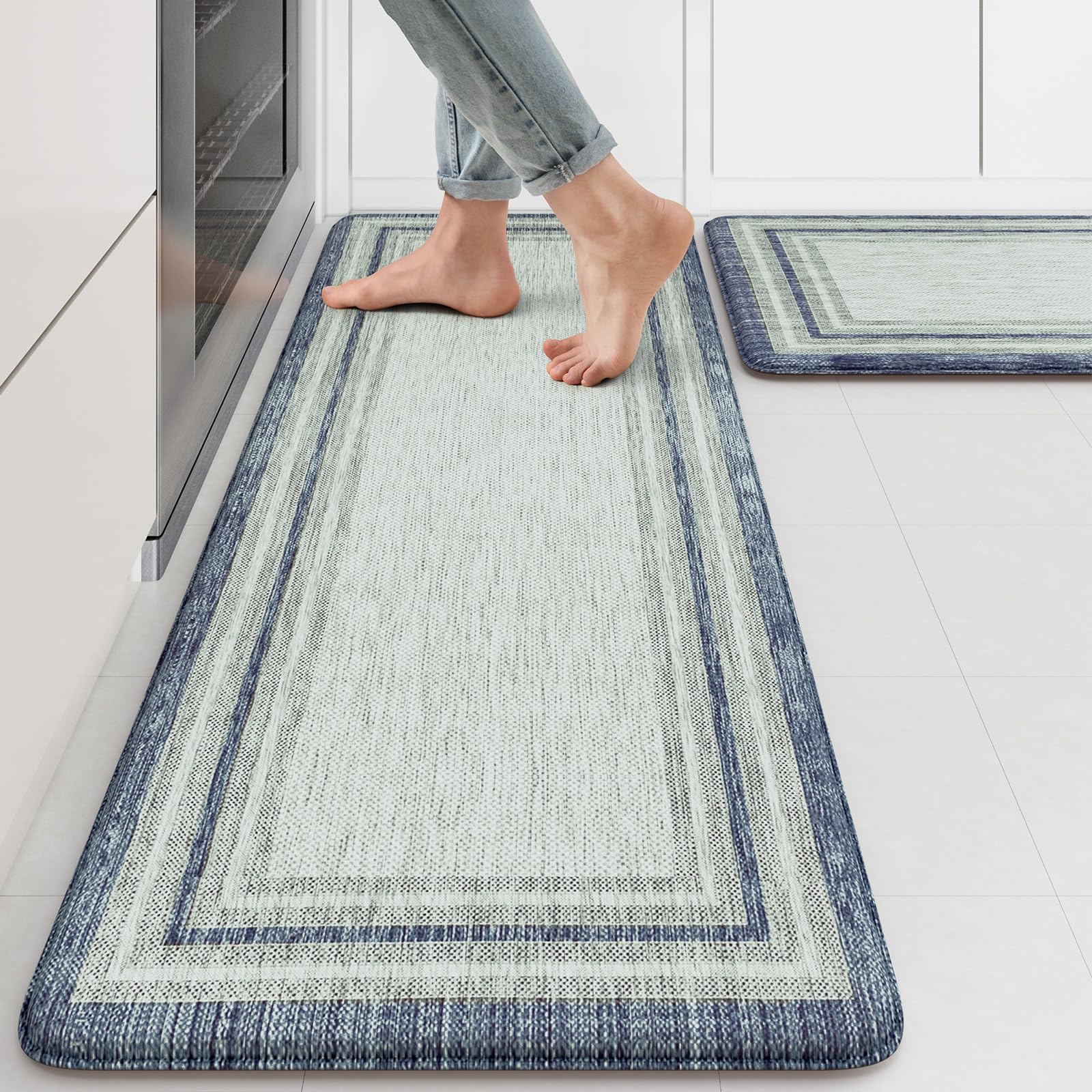 Kimode anti-fatigue kitchen mat in blue gray offers cushion for feet while cooking