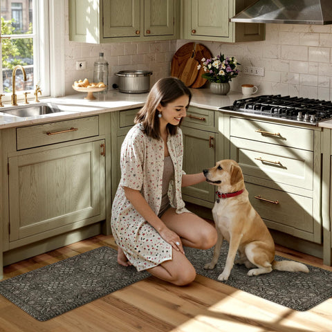 Kimode vintage green mat complements dining area transitions with ease.