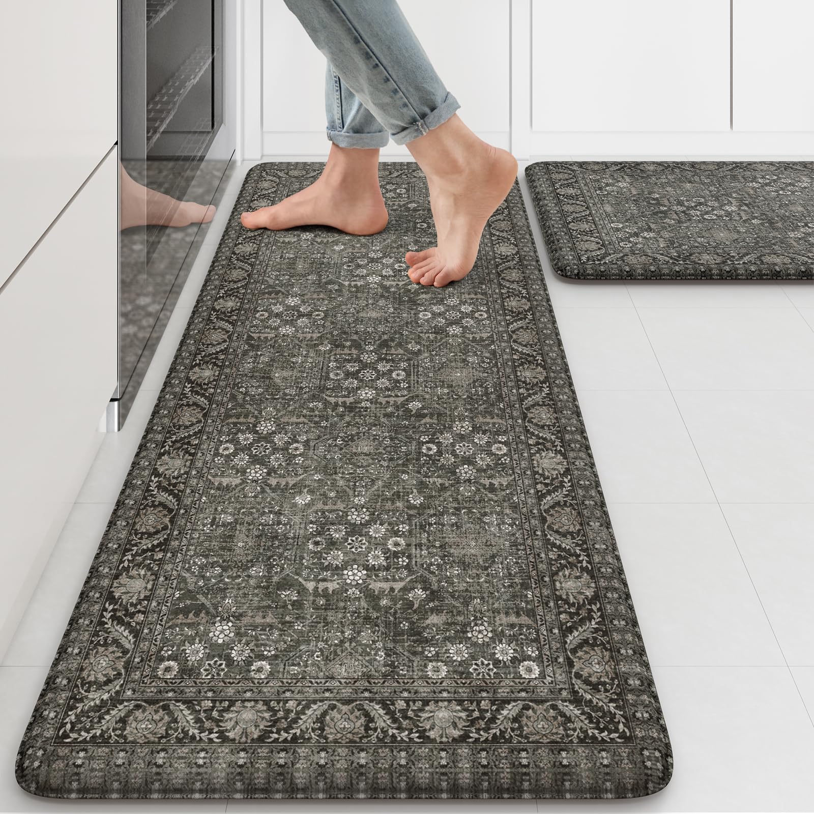 Kimode anti-fatigue kitchen mat 2pc set in farmhouse green provides plush comfort for standing tasks.