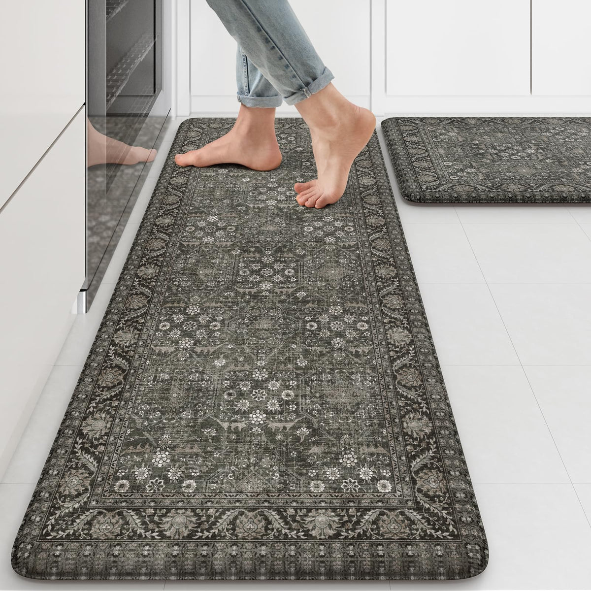 Kimode anti-fatigue kitchen mat 2pc set in farmhouse green provides plush comfort for standing tasks.