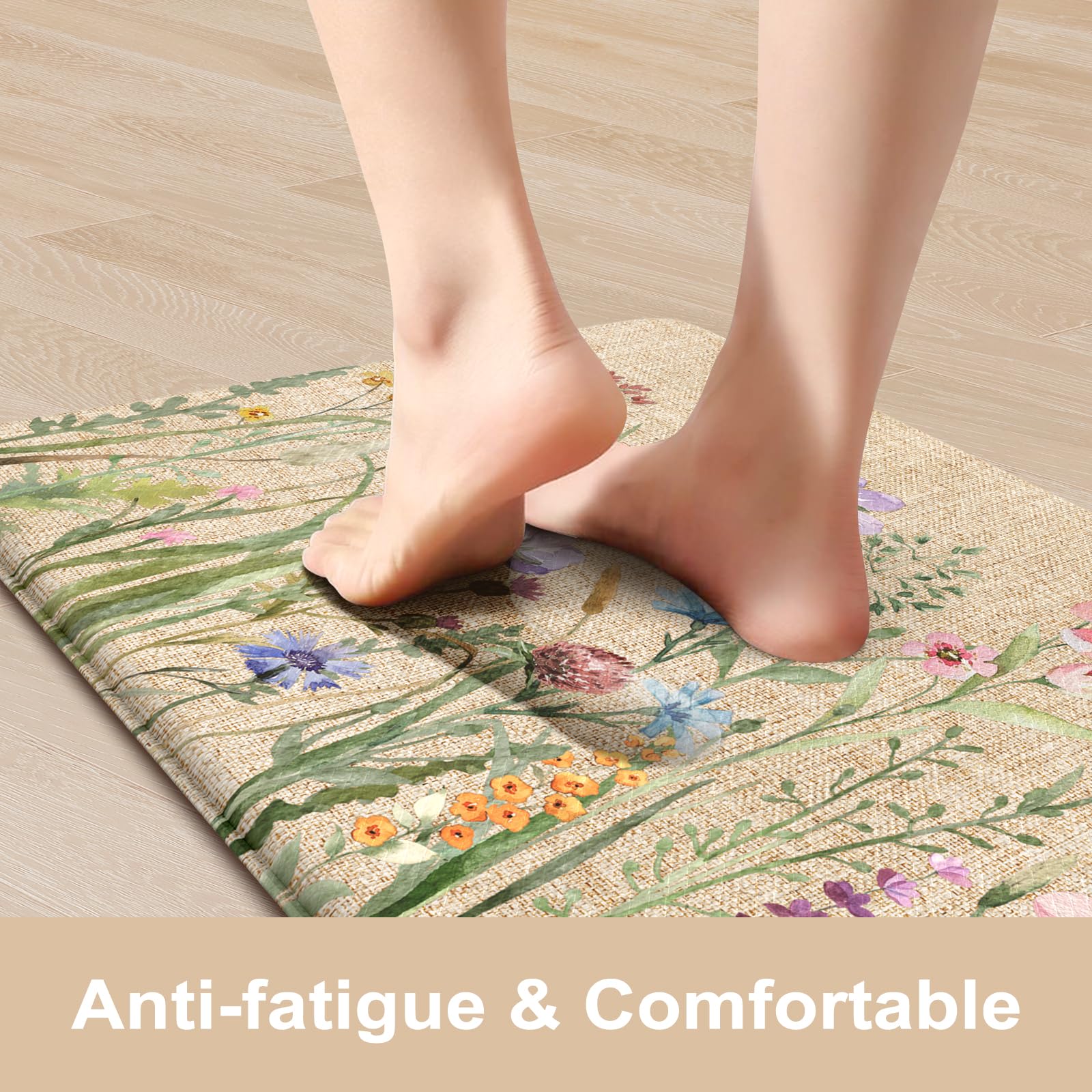 Kimode floral kitchen rug 17x47 provides cushioned support while cooking.