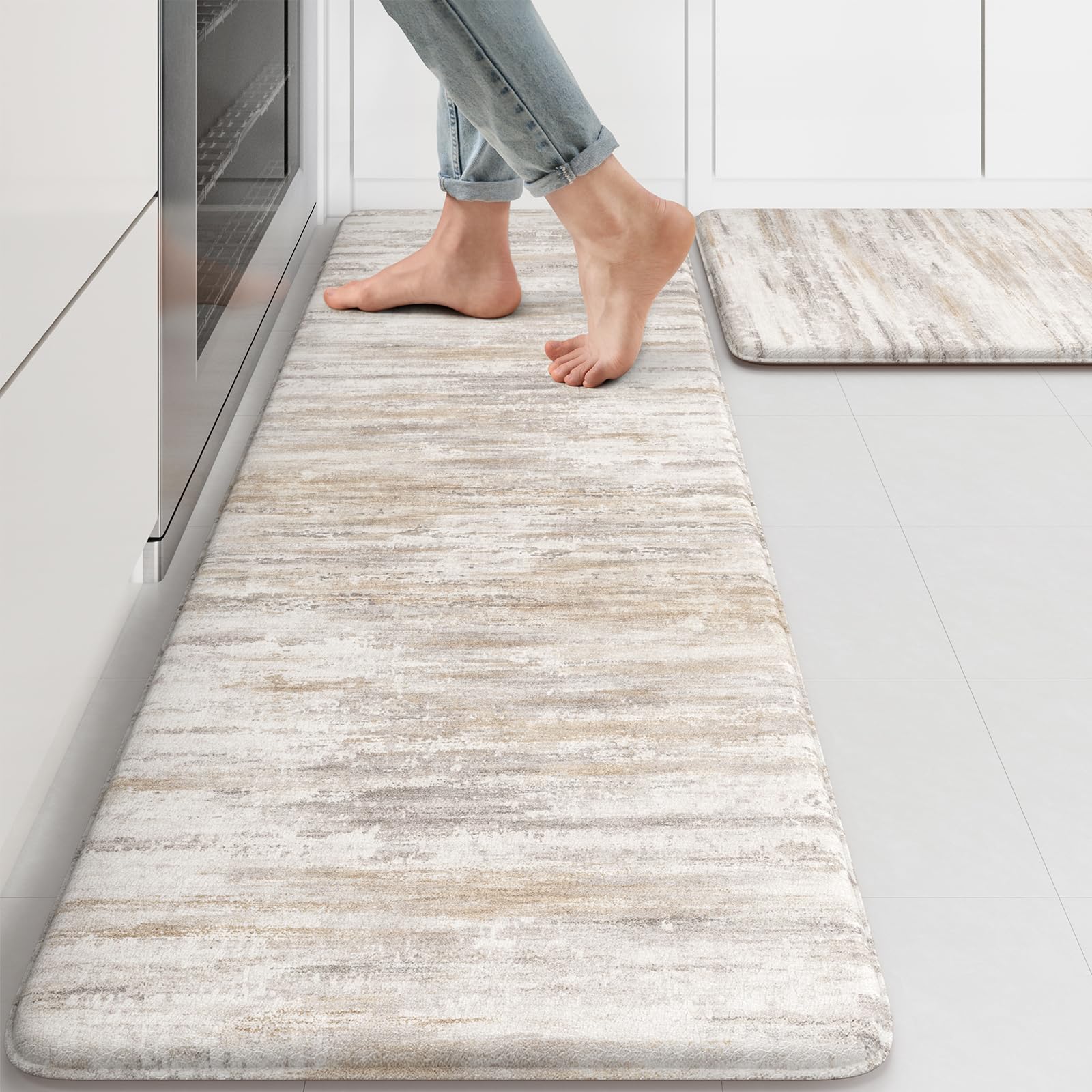 KIMODE anti-fatigue kitchen mats 17x47 offer cushioned support for long cooking tasks.