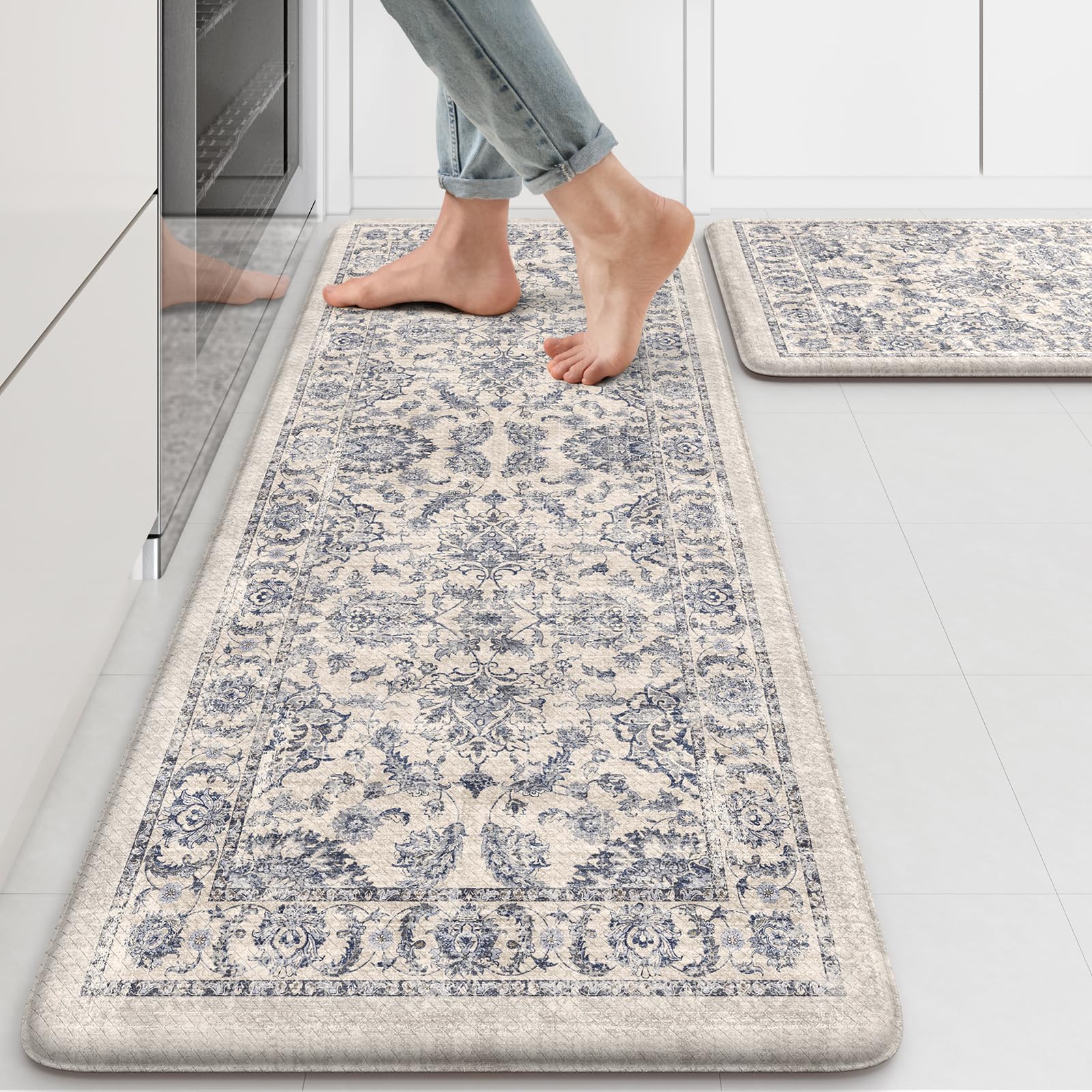 KIMODE anti-fatigue mats with boho floral design for comfortable standing in the kitchen.