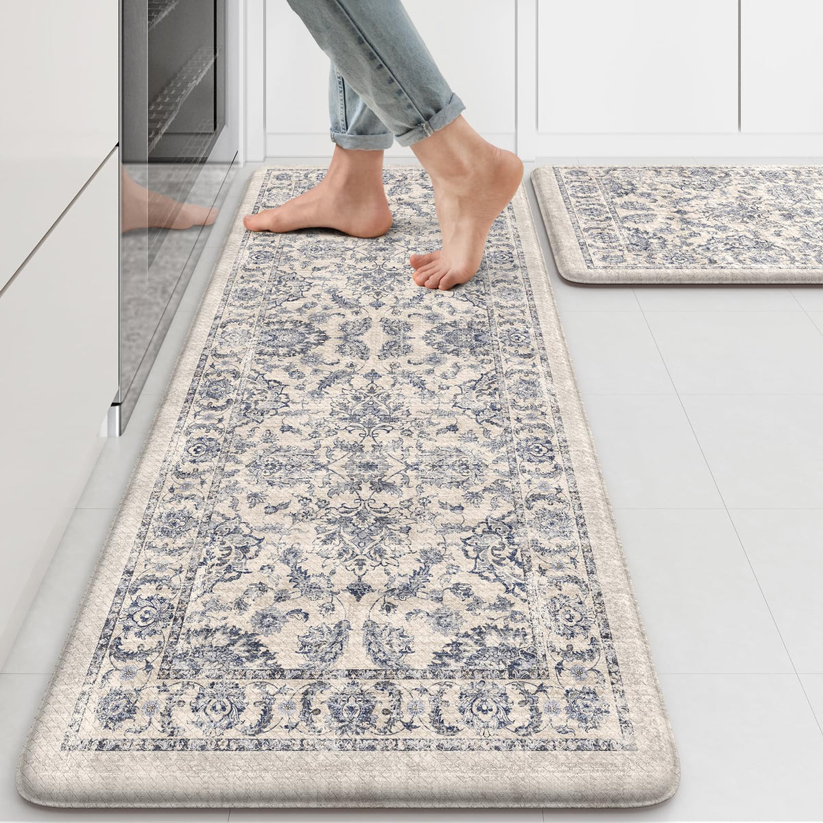 KIMODE anti-fatigue mats with boho floral design for comfortable standing in the kitchen.