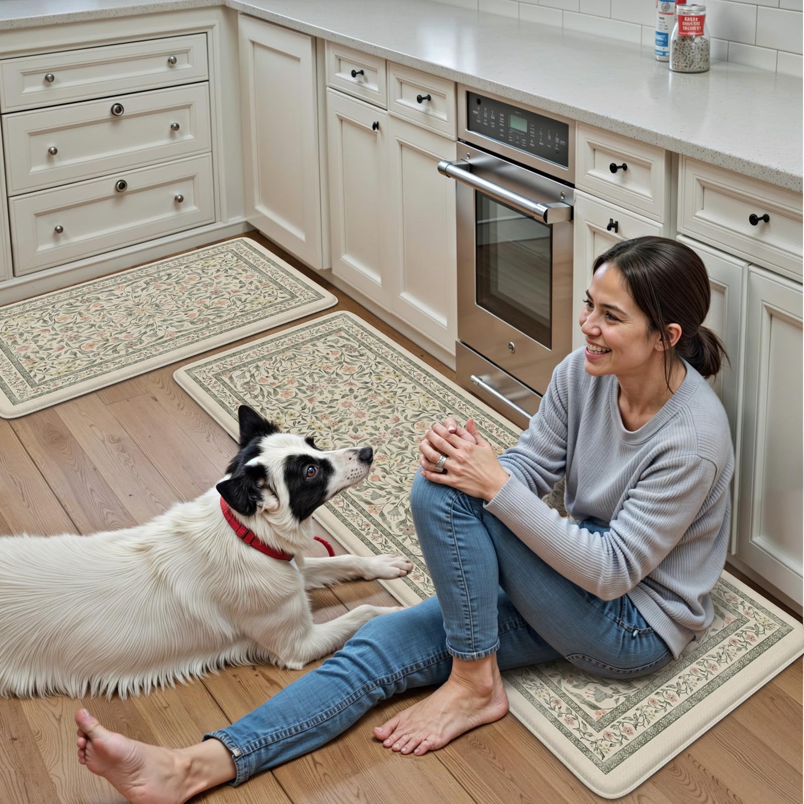 KIMODE beige kitchen-floor mats blend with neutral decor.