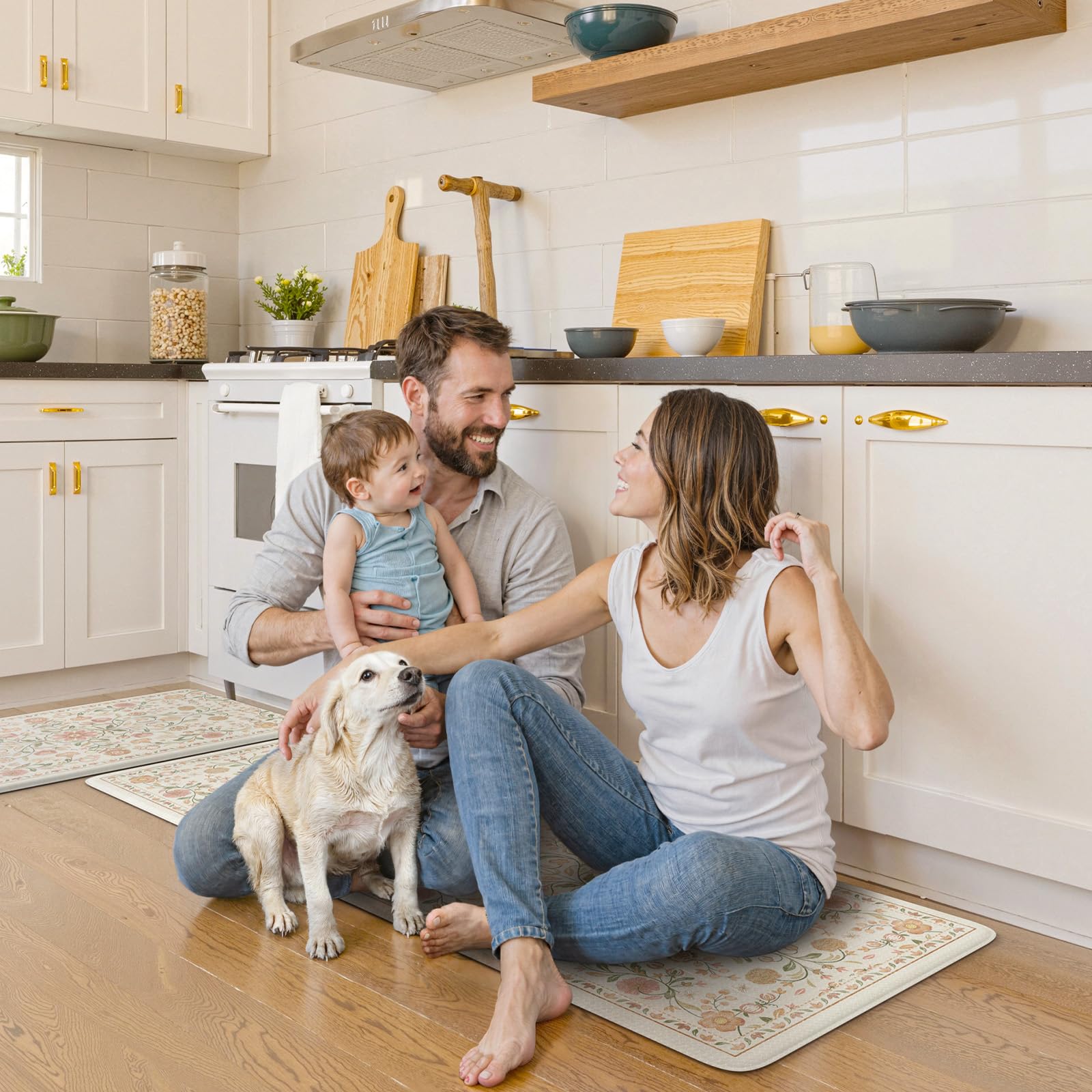 KIMODE beige kitchen mat complements farmhouse-boho style and cozy vibes