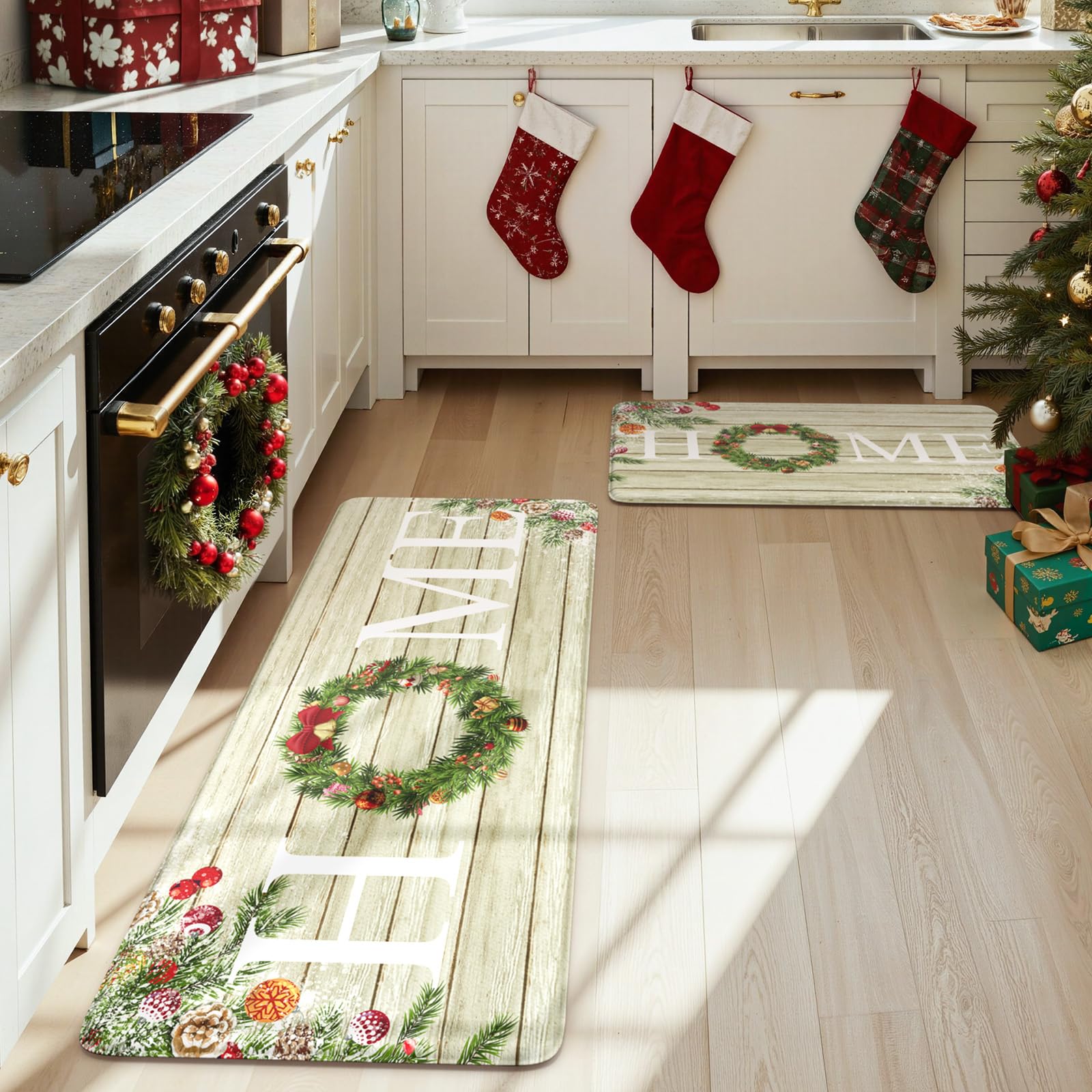Kimode Christmas Kitchen Mat 2pc foam detail emphasizes 12mm cushion for standing comfort