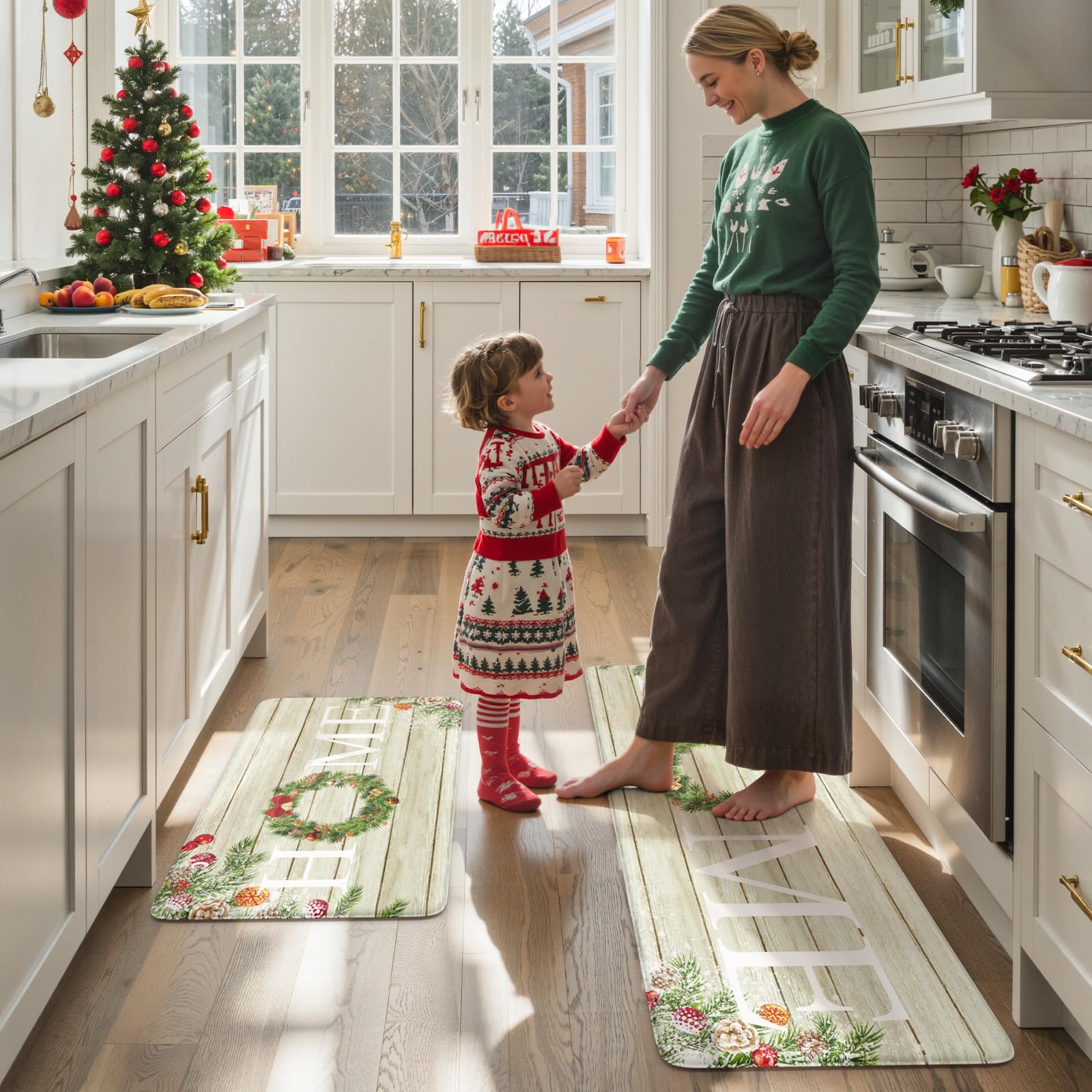 Kimode Christmas Kitchen Mat 2pc rectangular shapes provide generous coverage