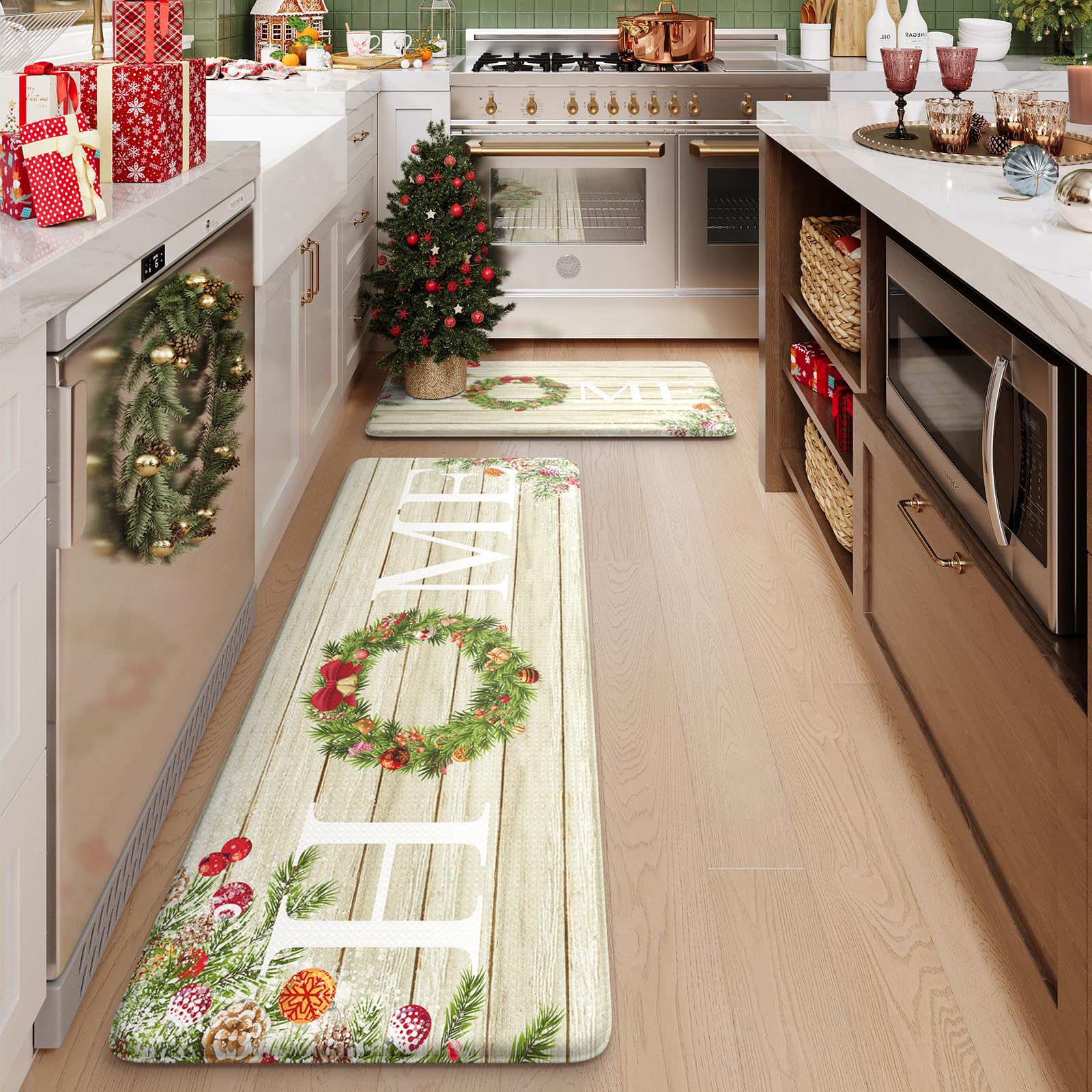 Kimode Christmas Kitchen Mat 2pc side view highlights compact size for flexible kitchen layouts