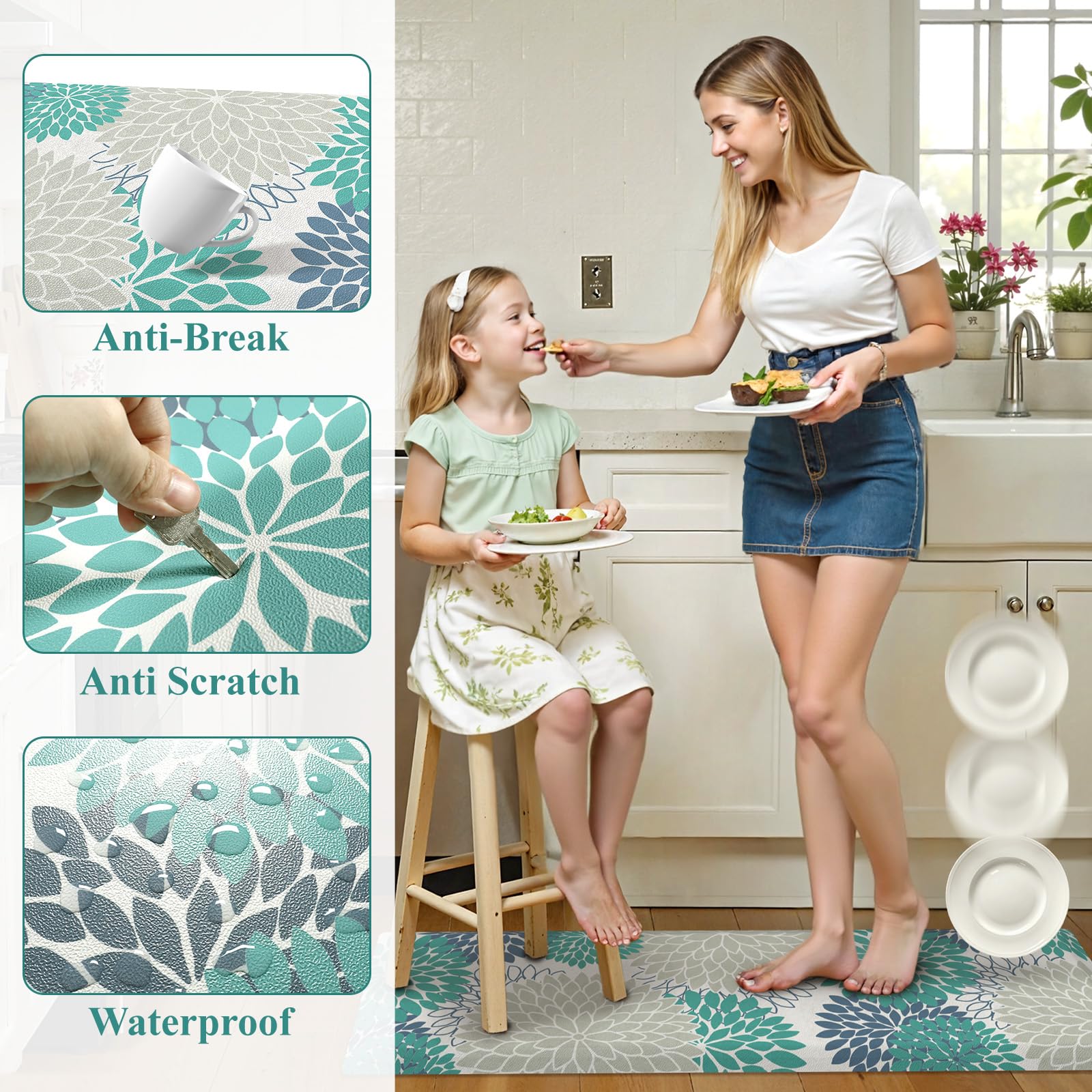 Kimode mat in blue, green, white complements kitchen style