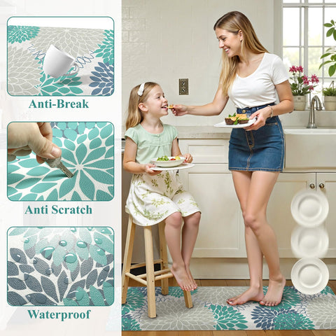 Kimode mat in blue, green, white complements kitchen style