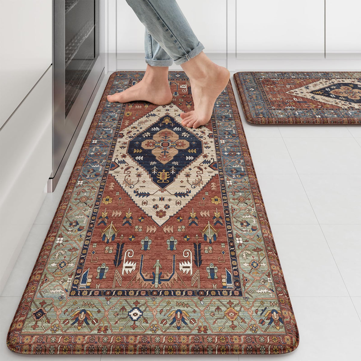 KIMODE farmhouse kitchen mats with central medallion floral design for cushioned standing comfort