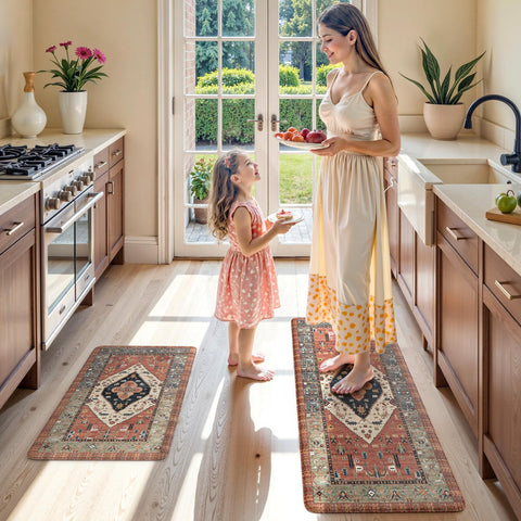 KIMODE farmhouse-style kitchen rug complements decor while providing soft foam support