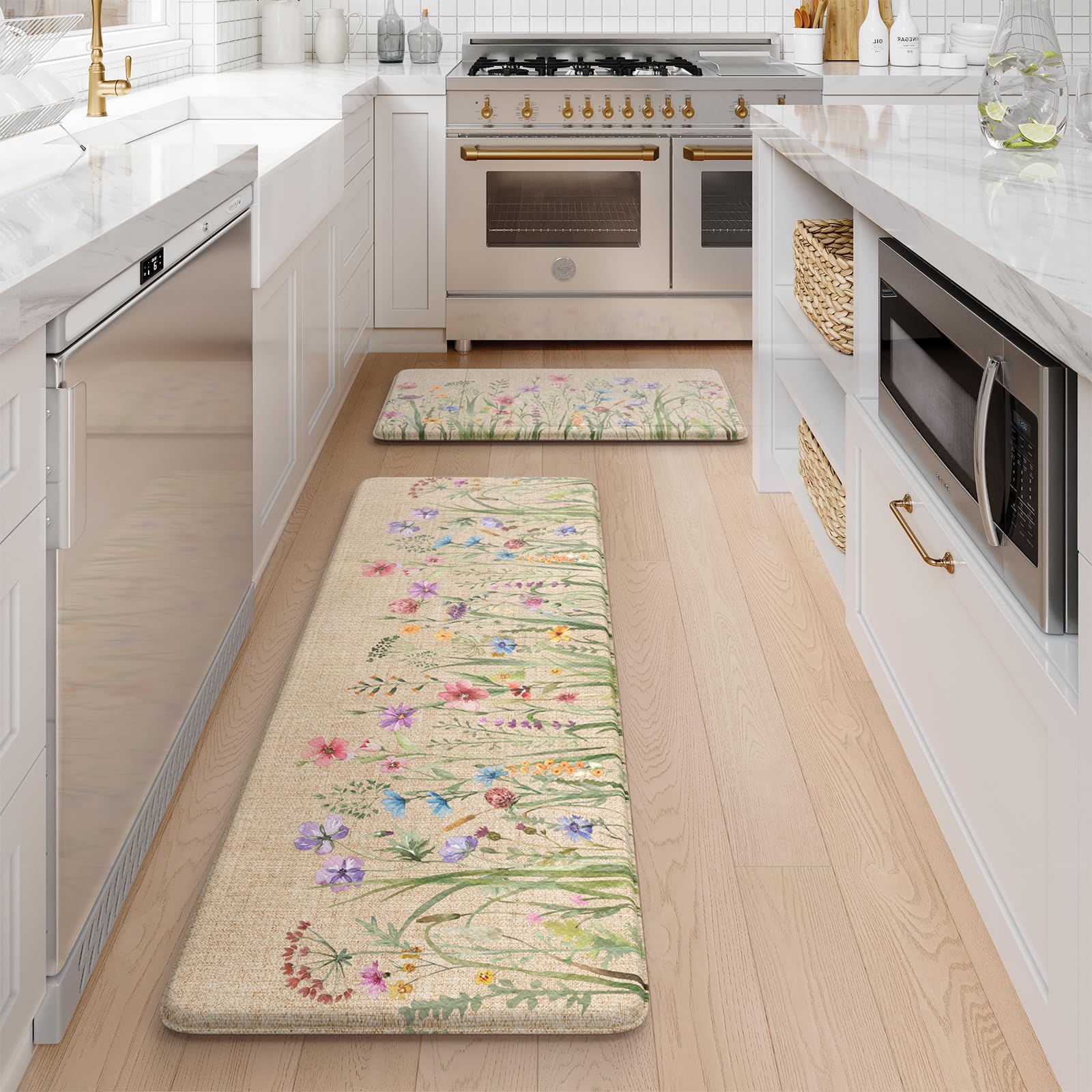 Kimode floral design adds farmhouse charm to sink and laundry areas.