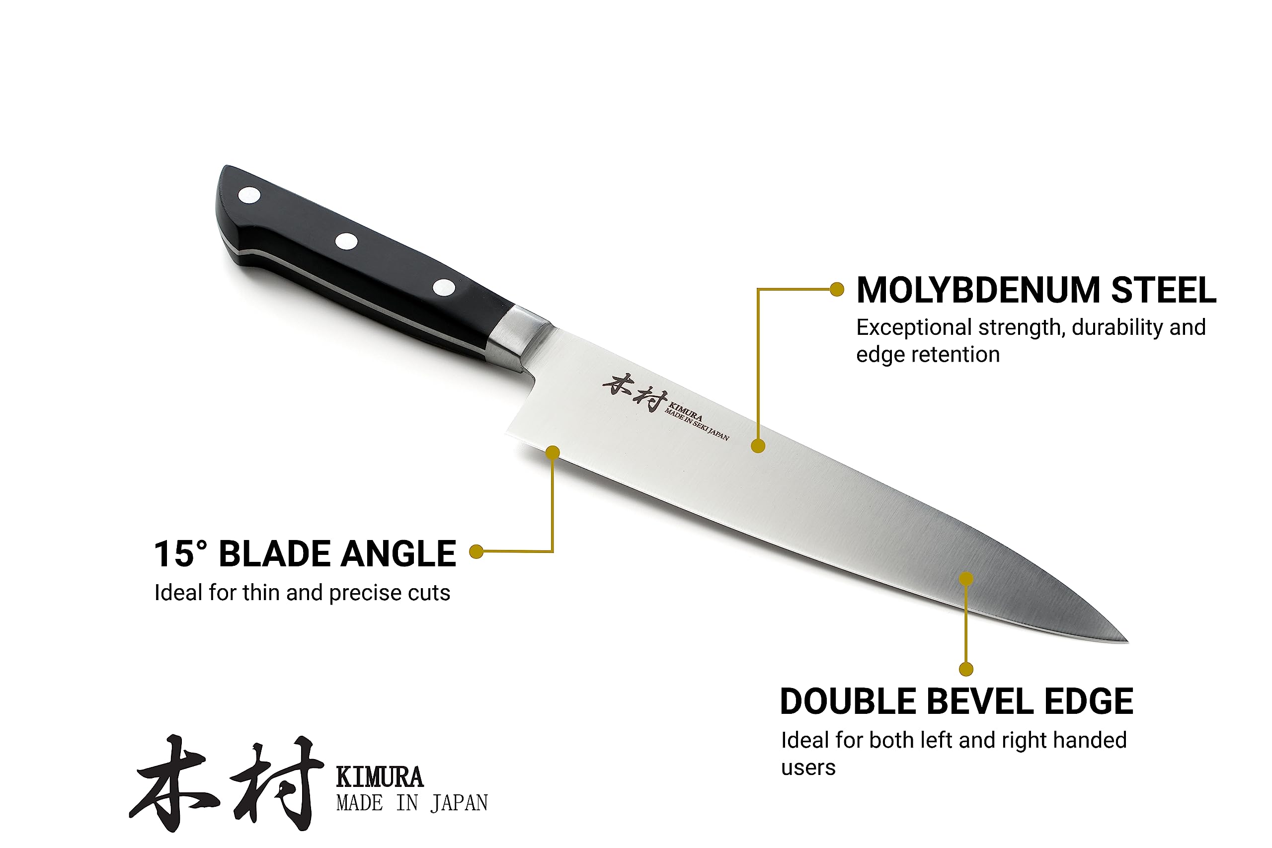 Kimura Chef Knife ergonomic handle in hand for comfortable, controlled cutting.