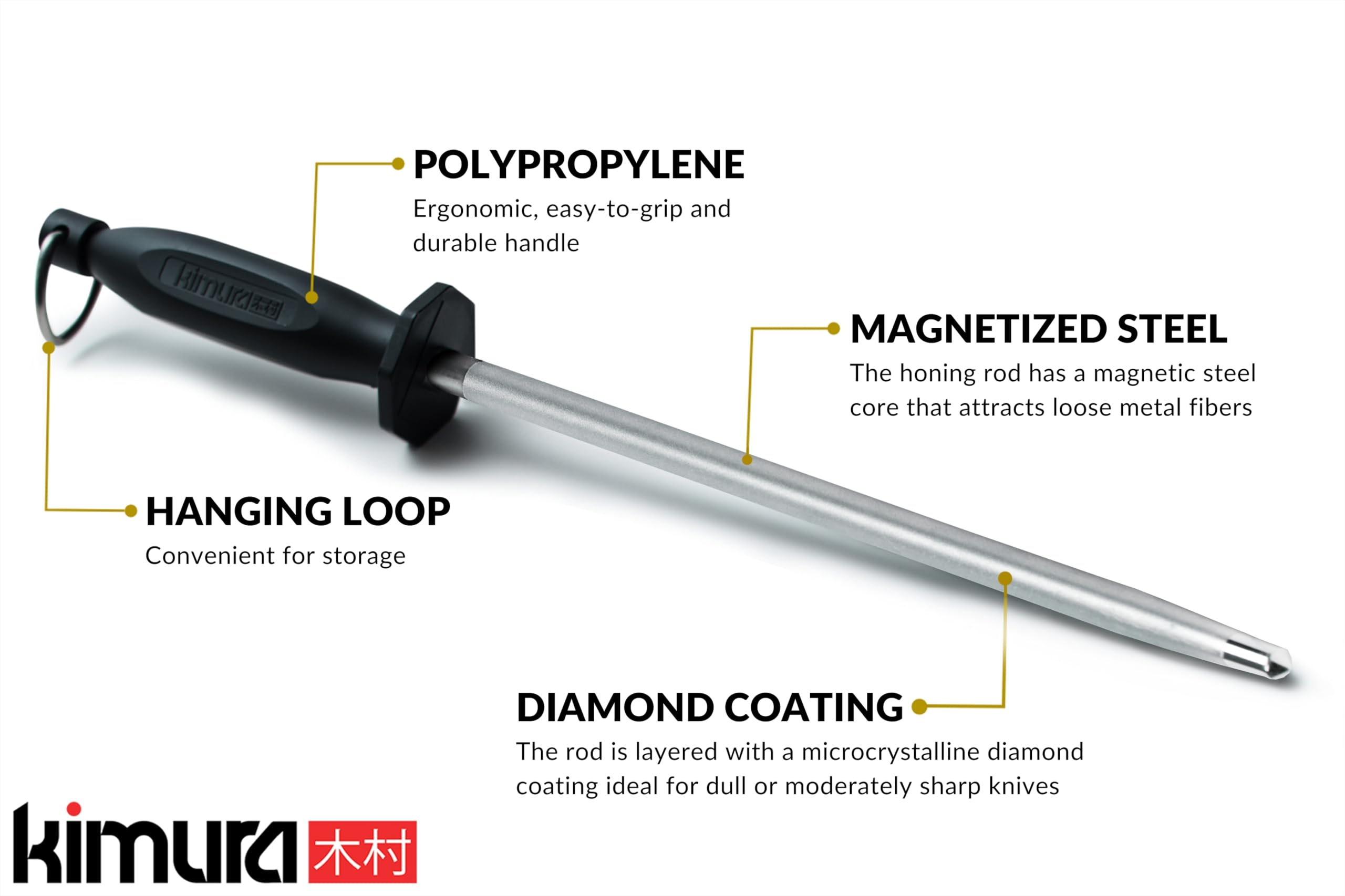Kimura honing steel with ergonomic handle for steady, comfortable knife sharpening.