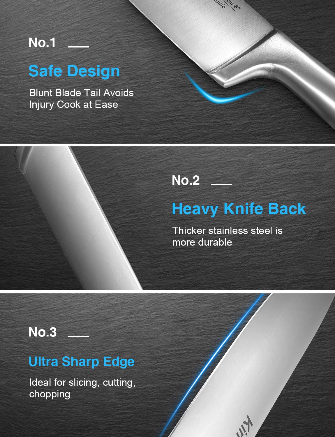 Kincano 8-inch bread knife close-up with serrated edge for clean slices.