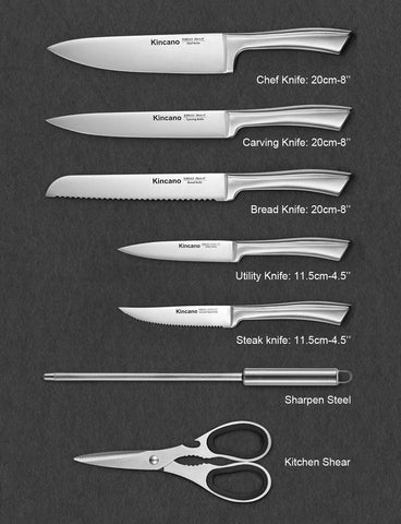 Kincano 8-inch chef knife close-up highlighting sharp, durable blade for versatile prep.