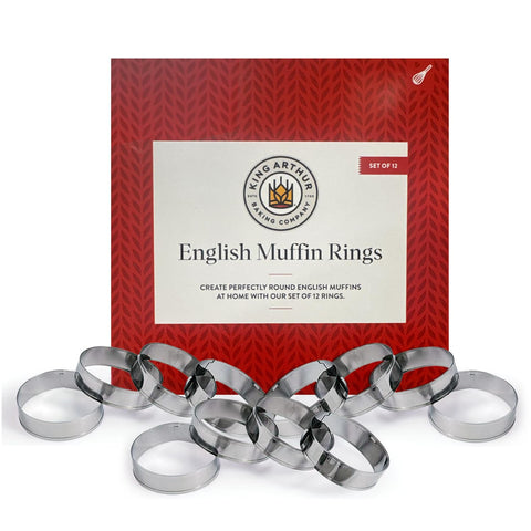 King Arthur English muffin rings on a griddle form perfect round muffins.