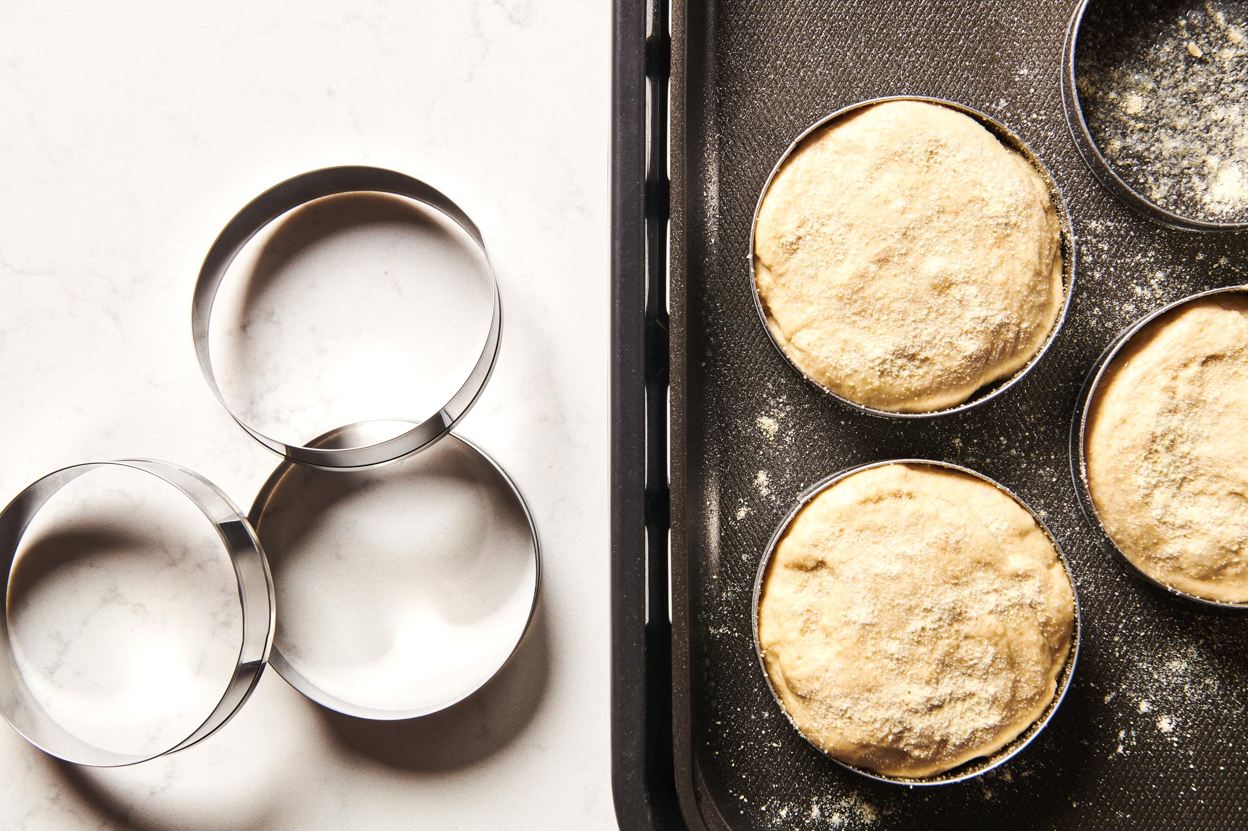 King Arthur rings ensure even cooking and browning on the griddle.