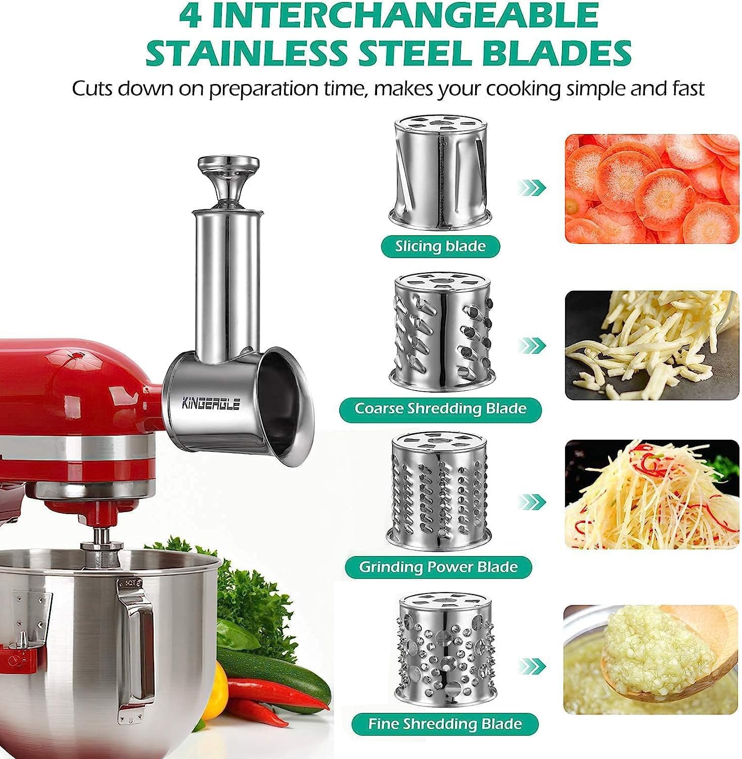 KINGEAGLE four-blade set demonstrates versatile slicing and grating options.
